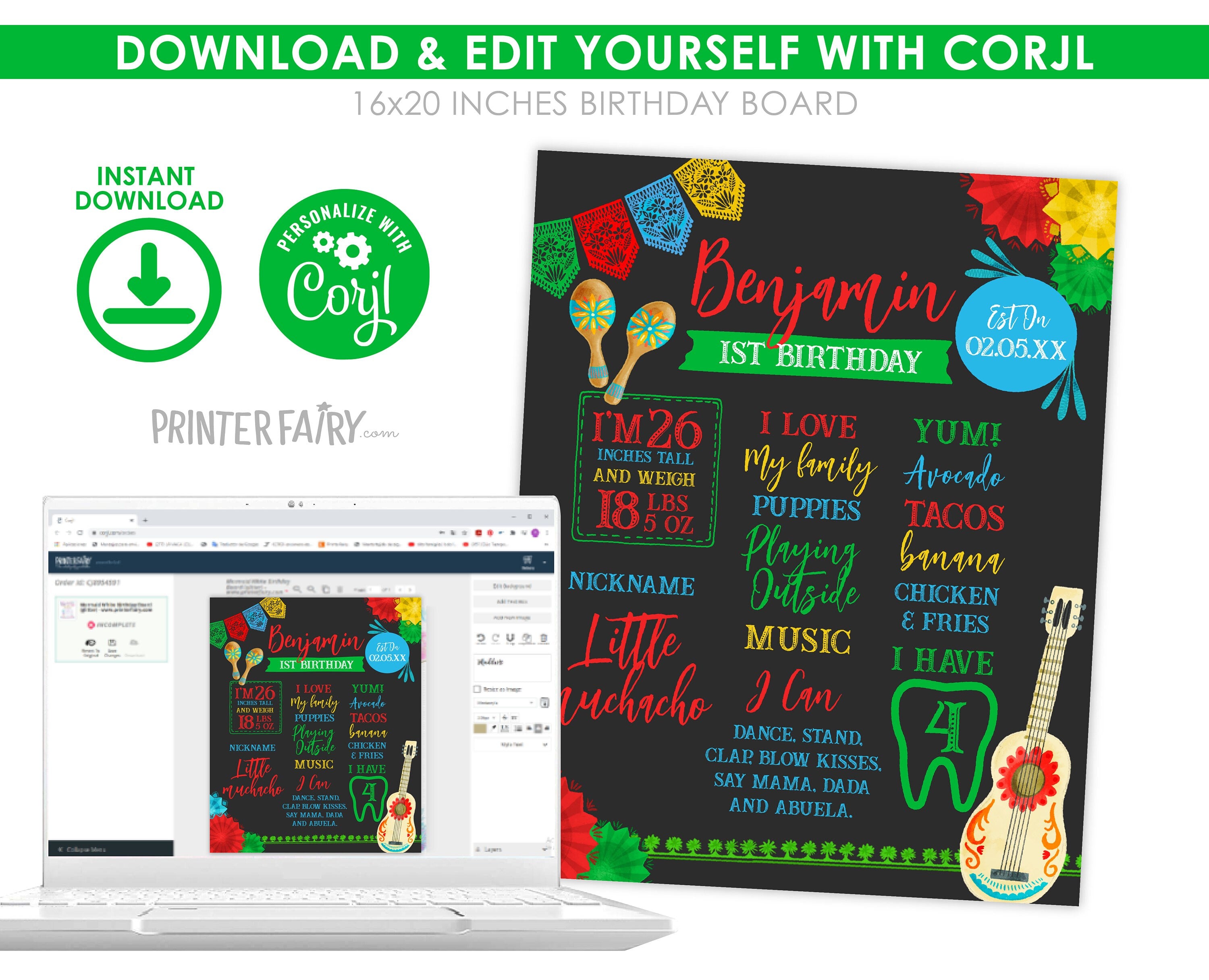 Fiesta First Birthday Milestones Board, Editable Mexican Party Sign (Digital Download)