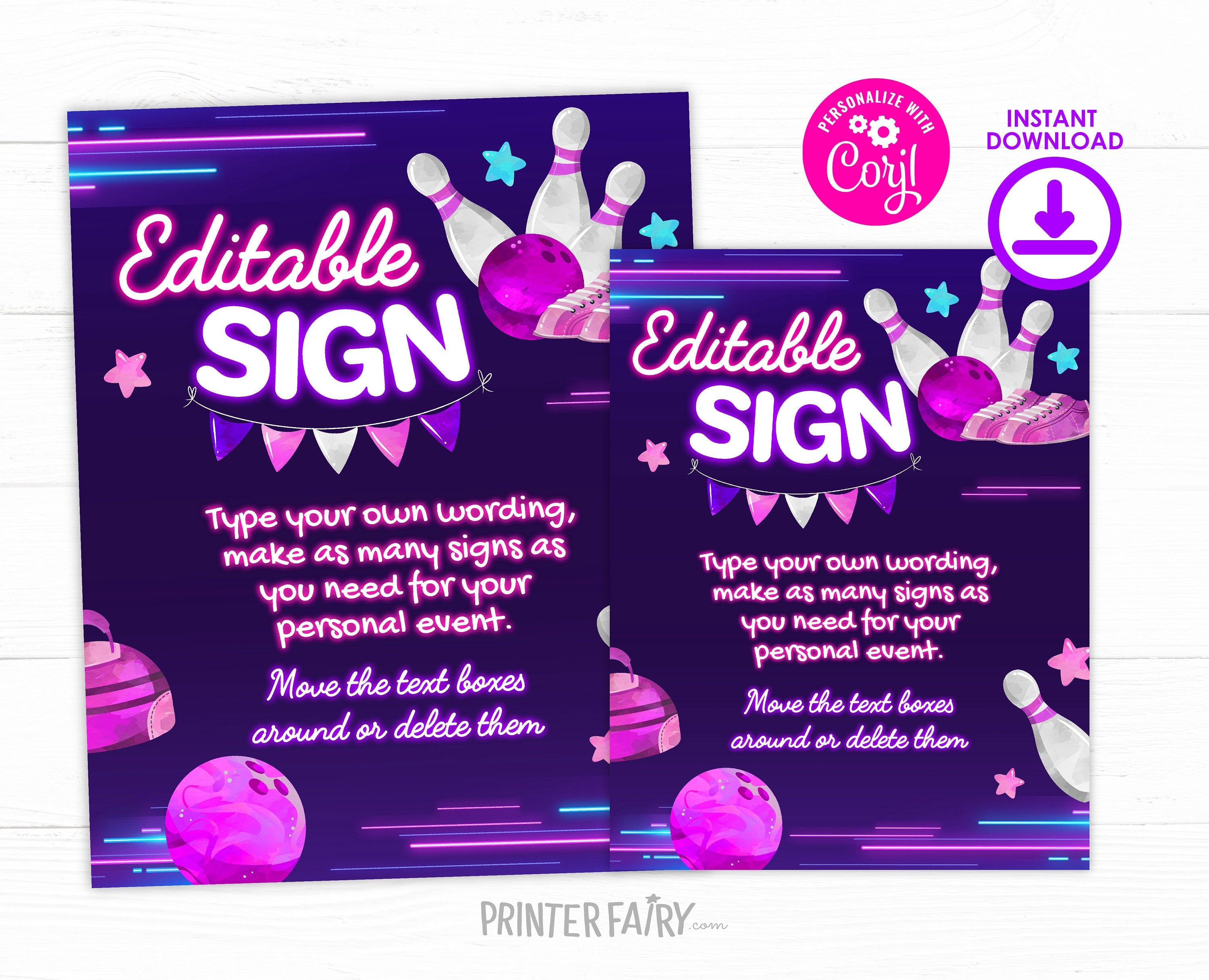Bowling Birthday Party Sign, Editable Printable (Instant Download)