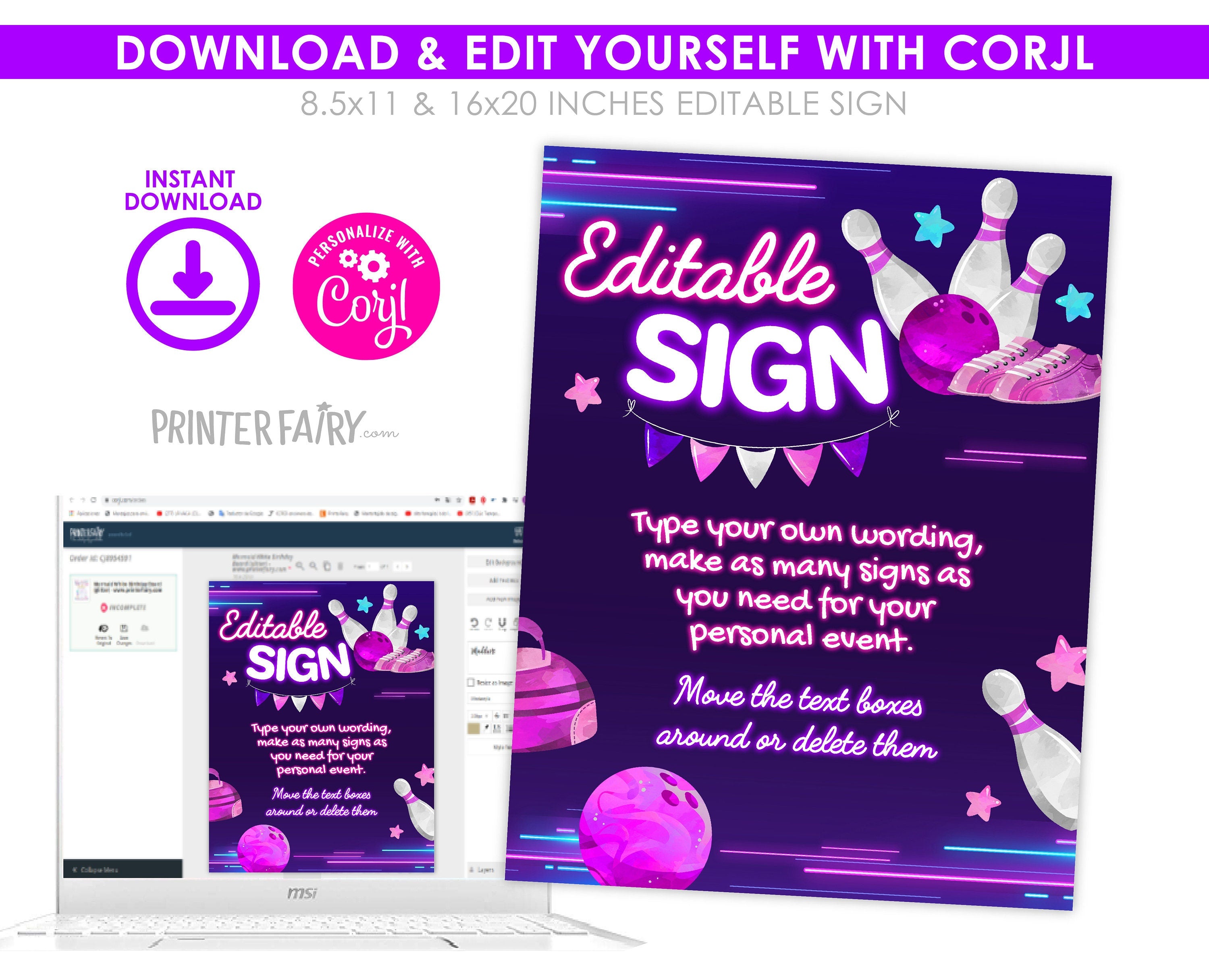 Bowling Birthday Party Sign, Editable Printable (Instant Download)