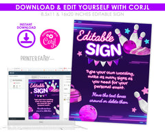 Bowling Birthday Party Sign, Editable Printable (Instant Download)