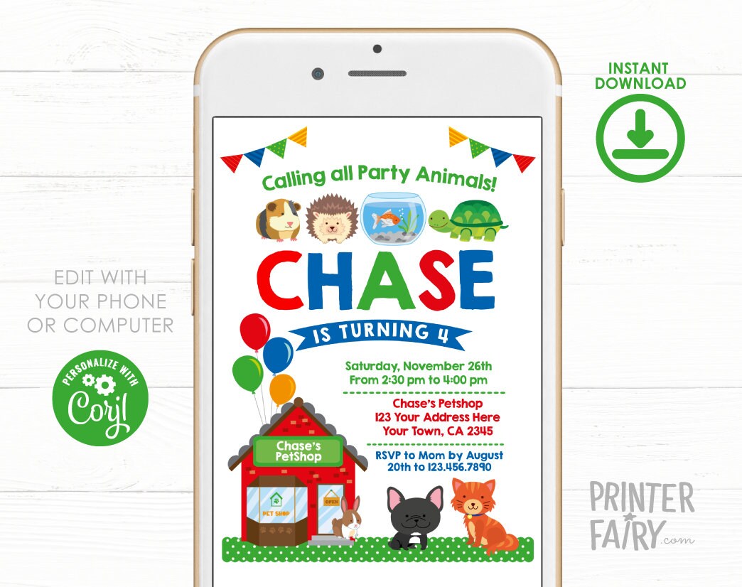 Pet Shop Birthday Invitation, Editable Animal Party (Digital Invitation)