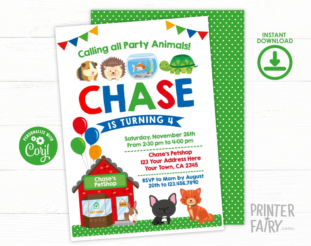 Pet Shop Birthday Invitation, Editable Animal Party (Digital Invitation)