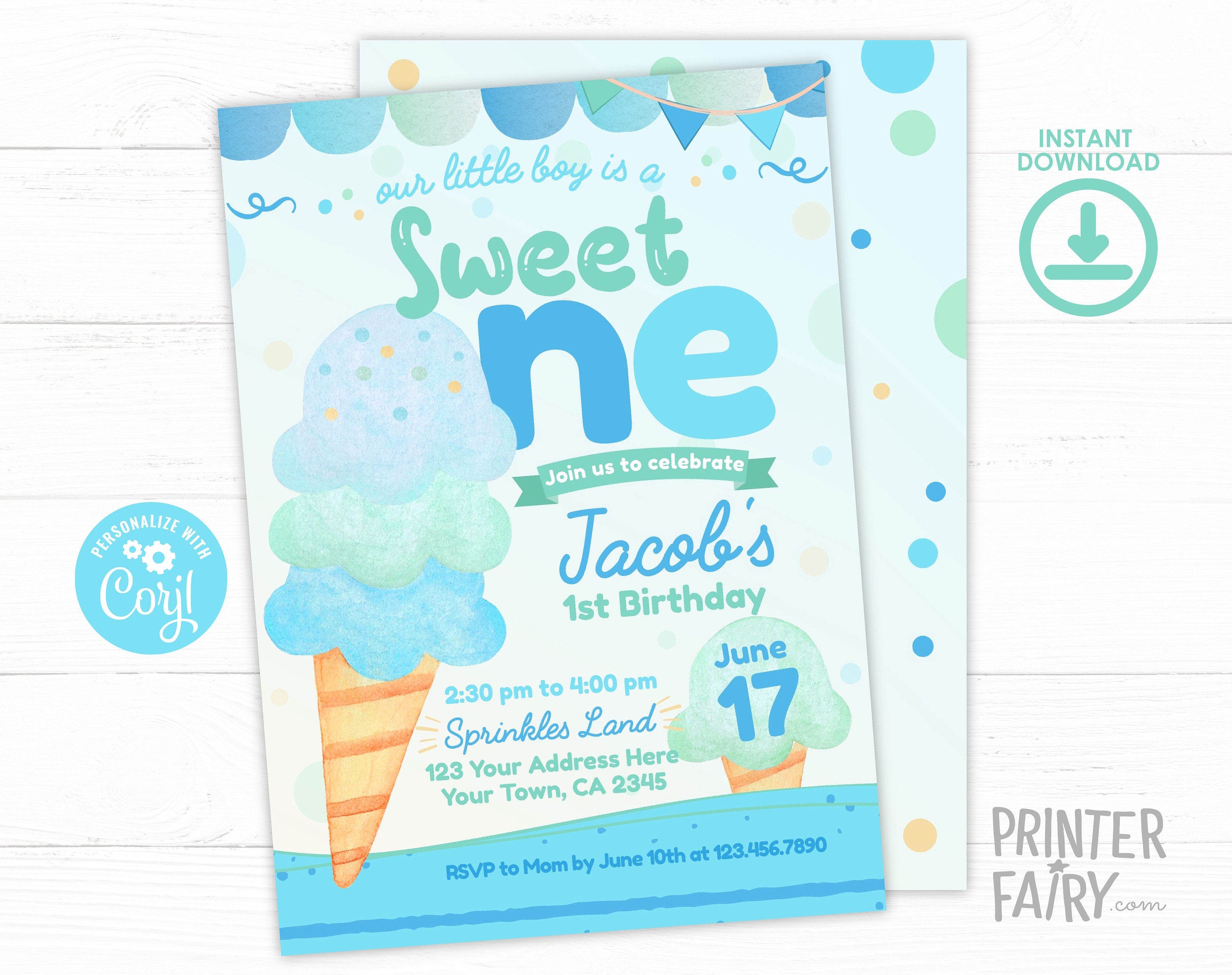 Ice Cream First Birthday Invitation, Editable Summer Party (Digital)
