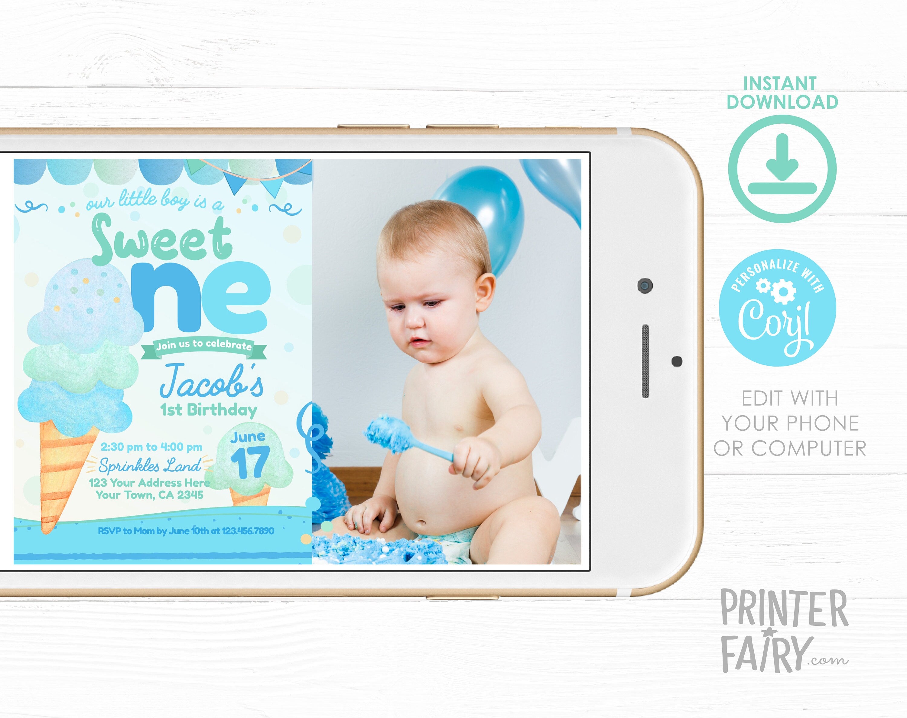 Ice Cream First Birthday Invitation Template, Photo Editable (Instant Download)