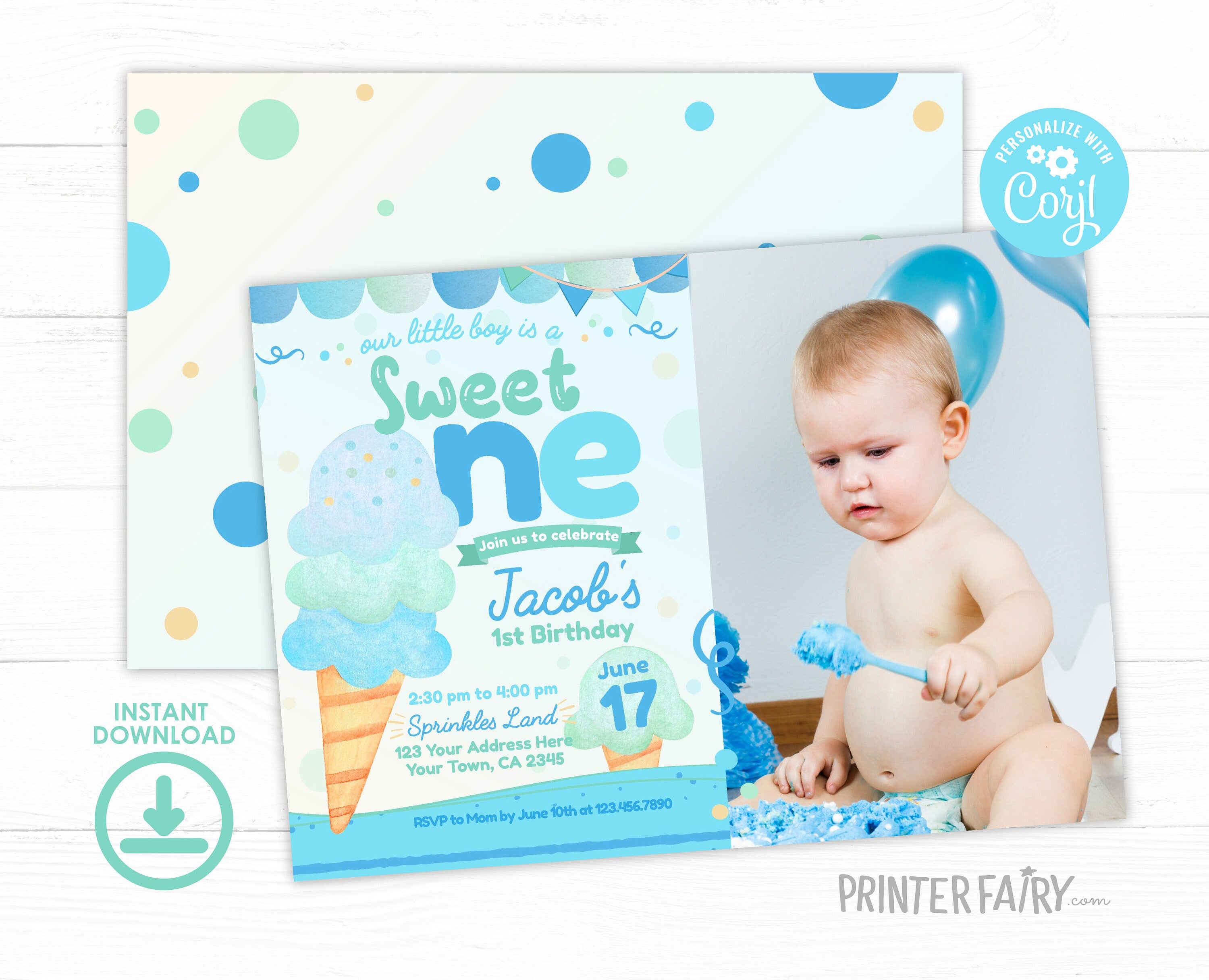Ice Cream First Birthday Invitation Template, Photo Editable (Instant Download)