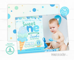 Ice Cream First Birthday Invitation Template, Photo Editable (Instant Download)