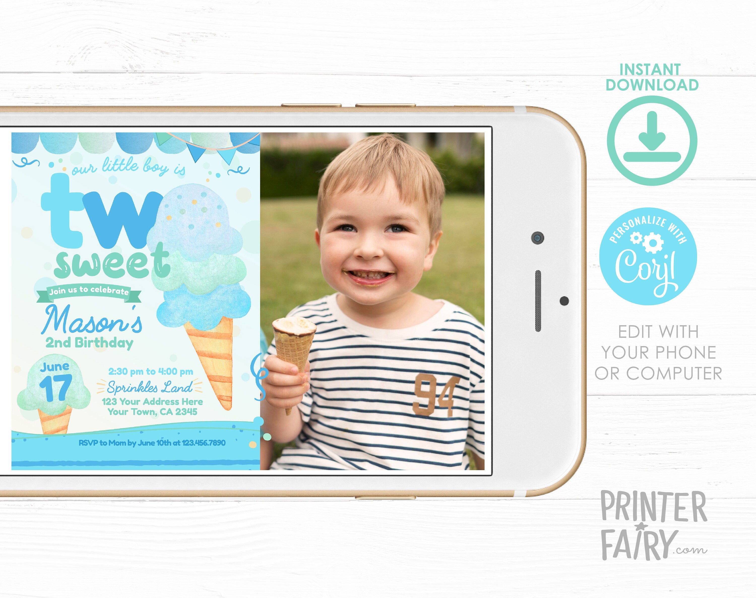 Two Sweet Ice Cream 2nd Birthday Invitation with Photo (Editable Template)