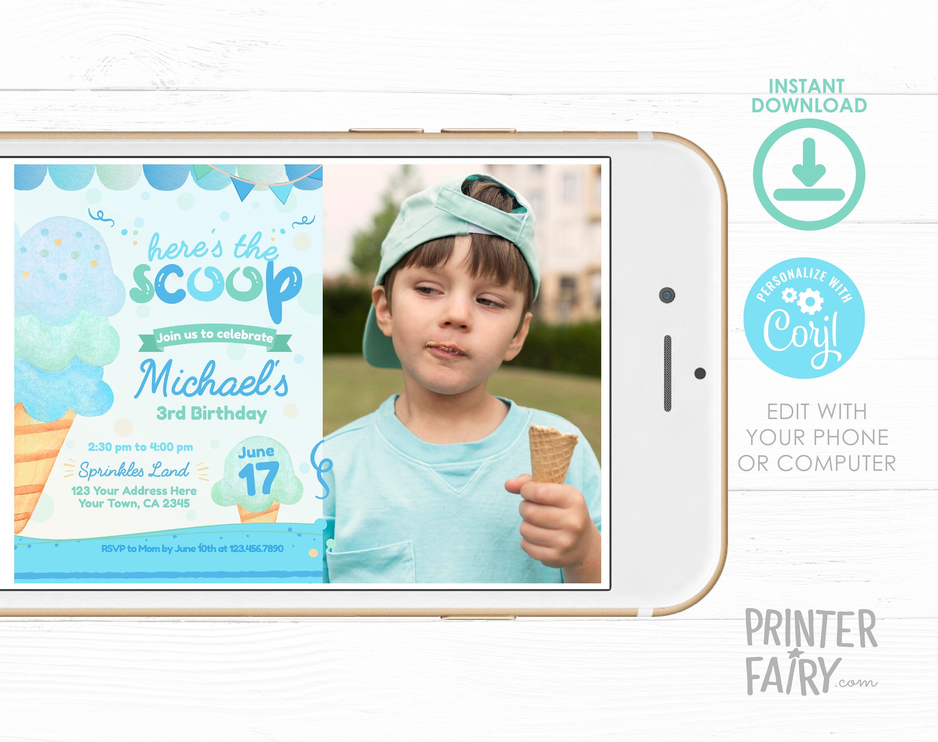 Ice Cream Birthday Party Invitation Template with Photo (Digital Download)