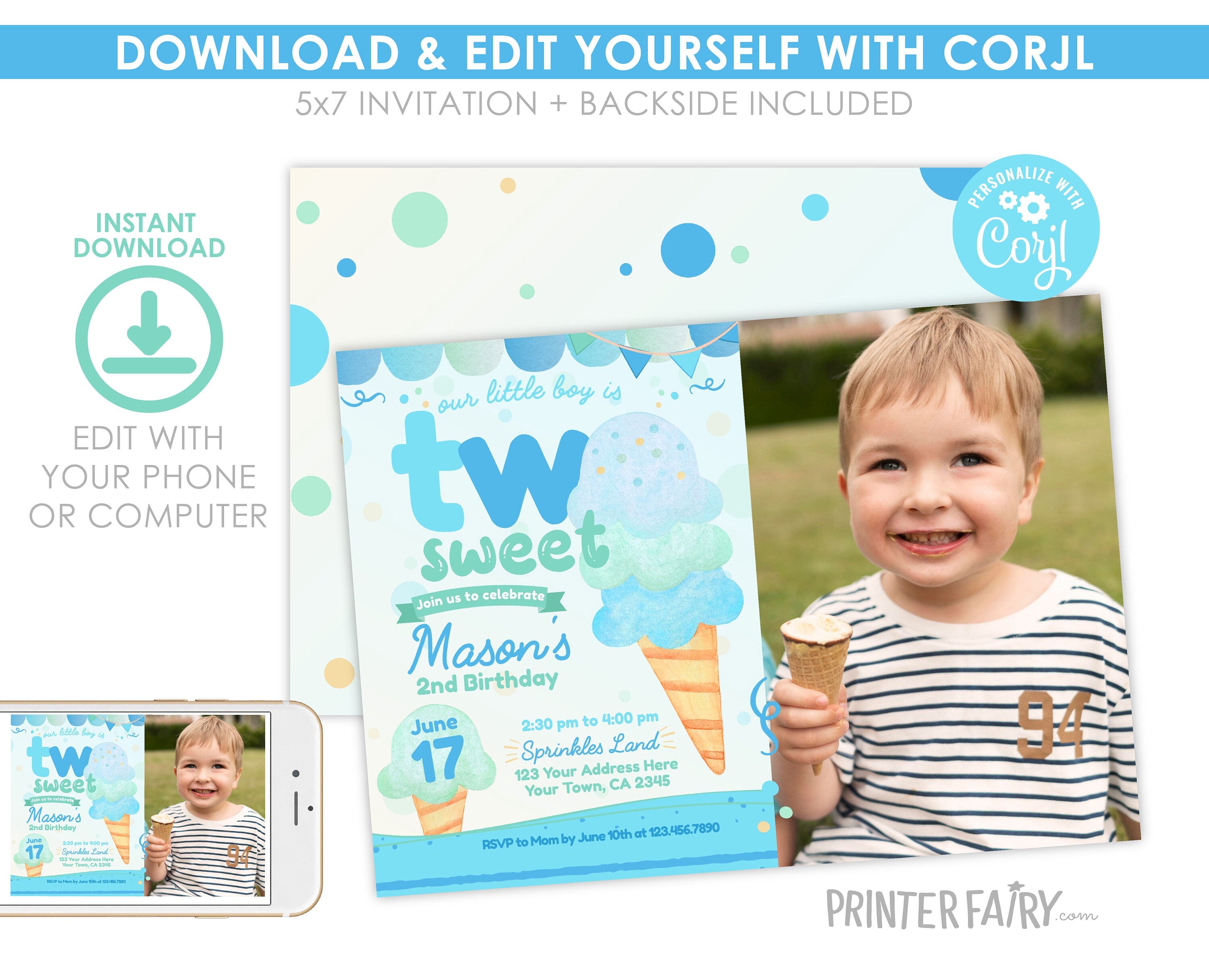 Two Sweet Ice Cream 2nd Birthday Invitation with Photo (Editable Template)