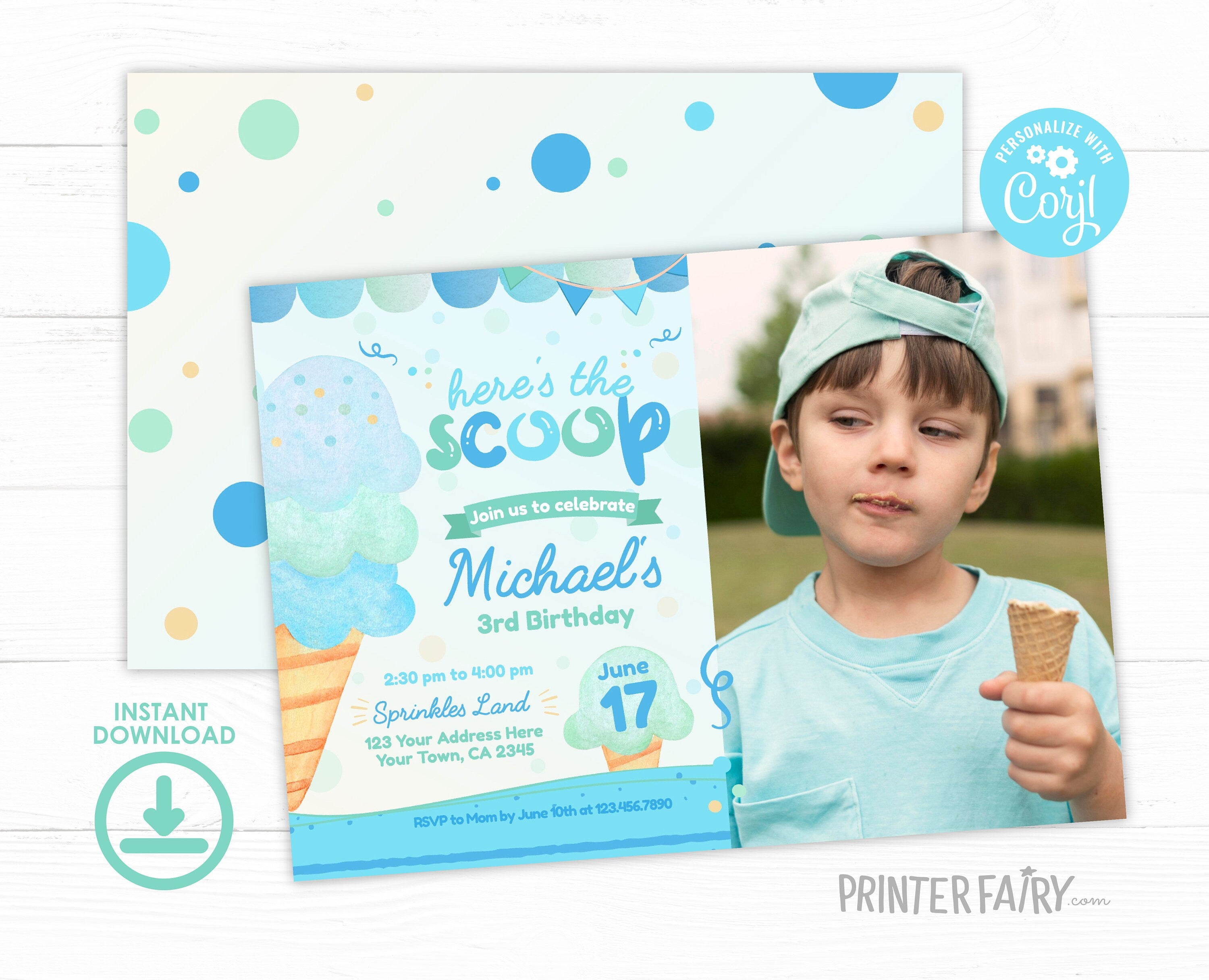 Ice Cream Birthday Party Invitation Template with Photo (Digital Download)