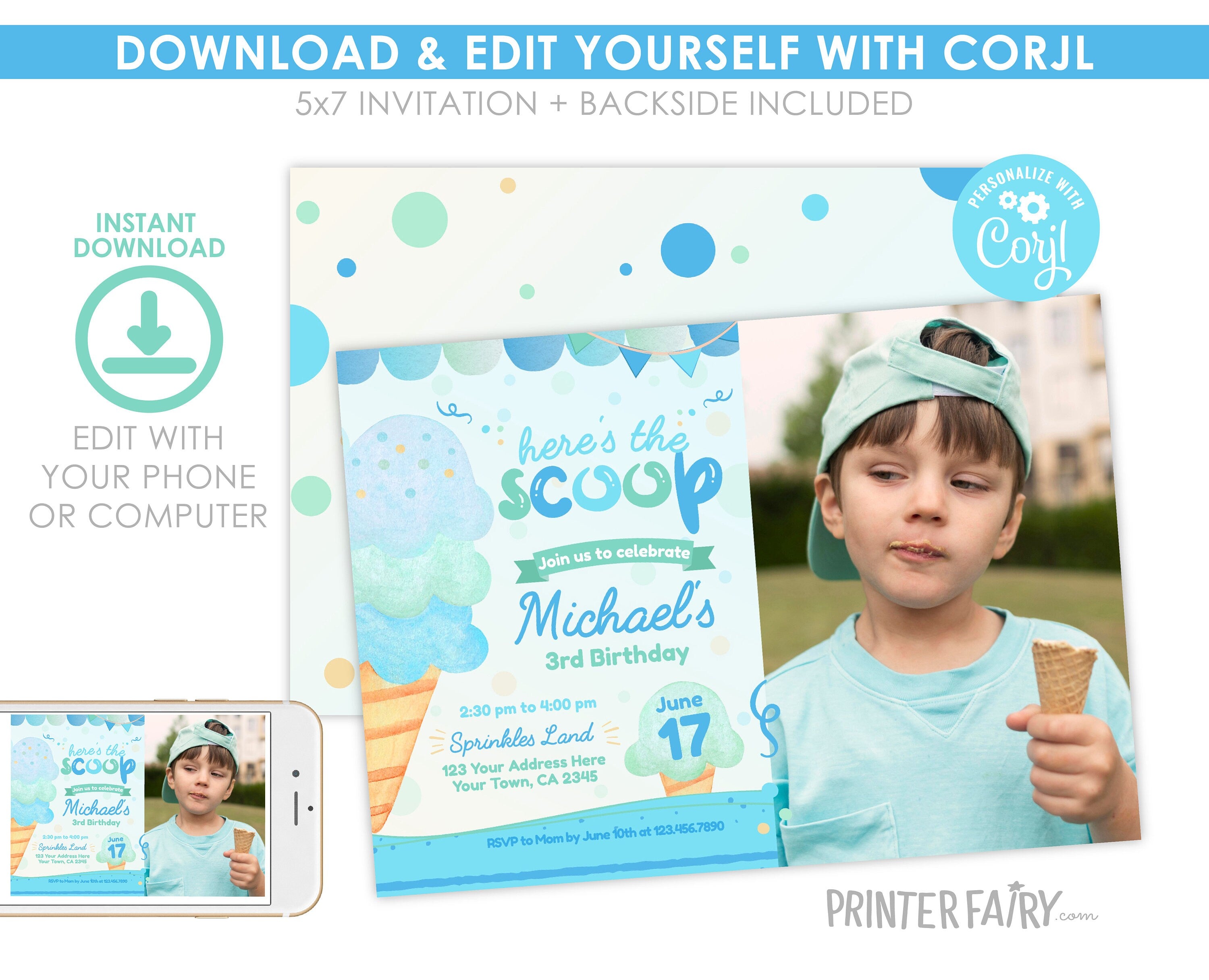 Ice Cream Birthday Party Invitation Template with Photo (Digital Download)