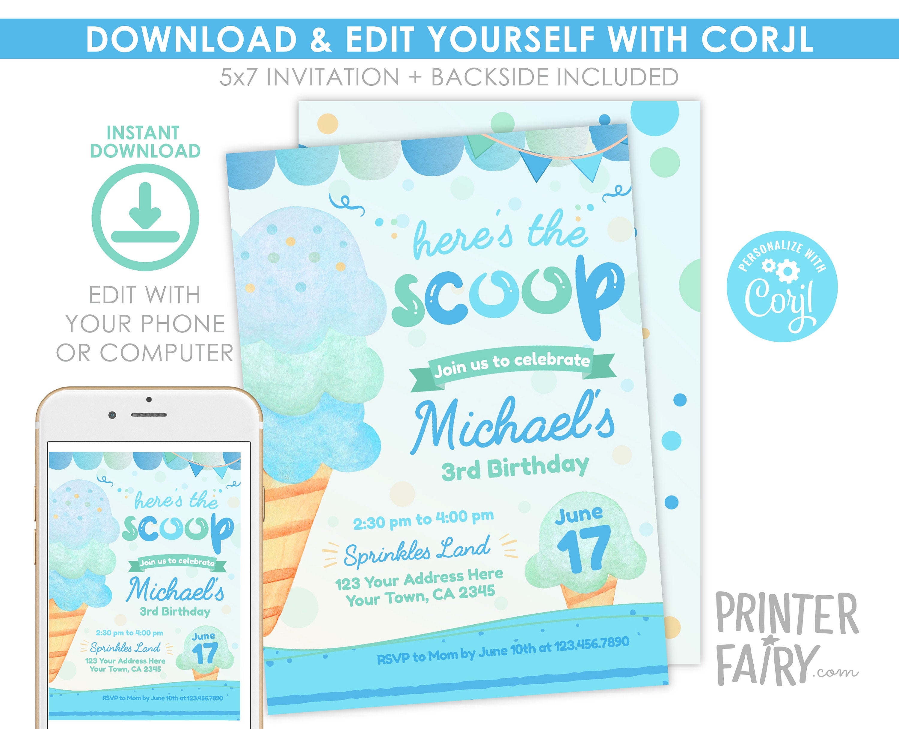 Ice Cream Birthday Party Invitation, Editable Digital Invite (Instant Download)