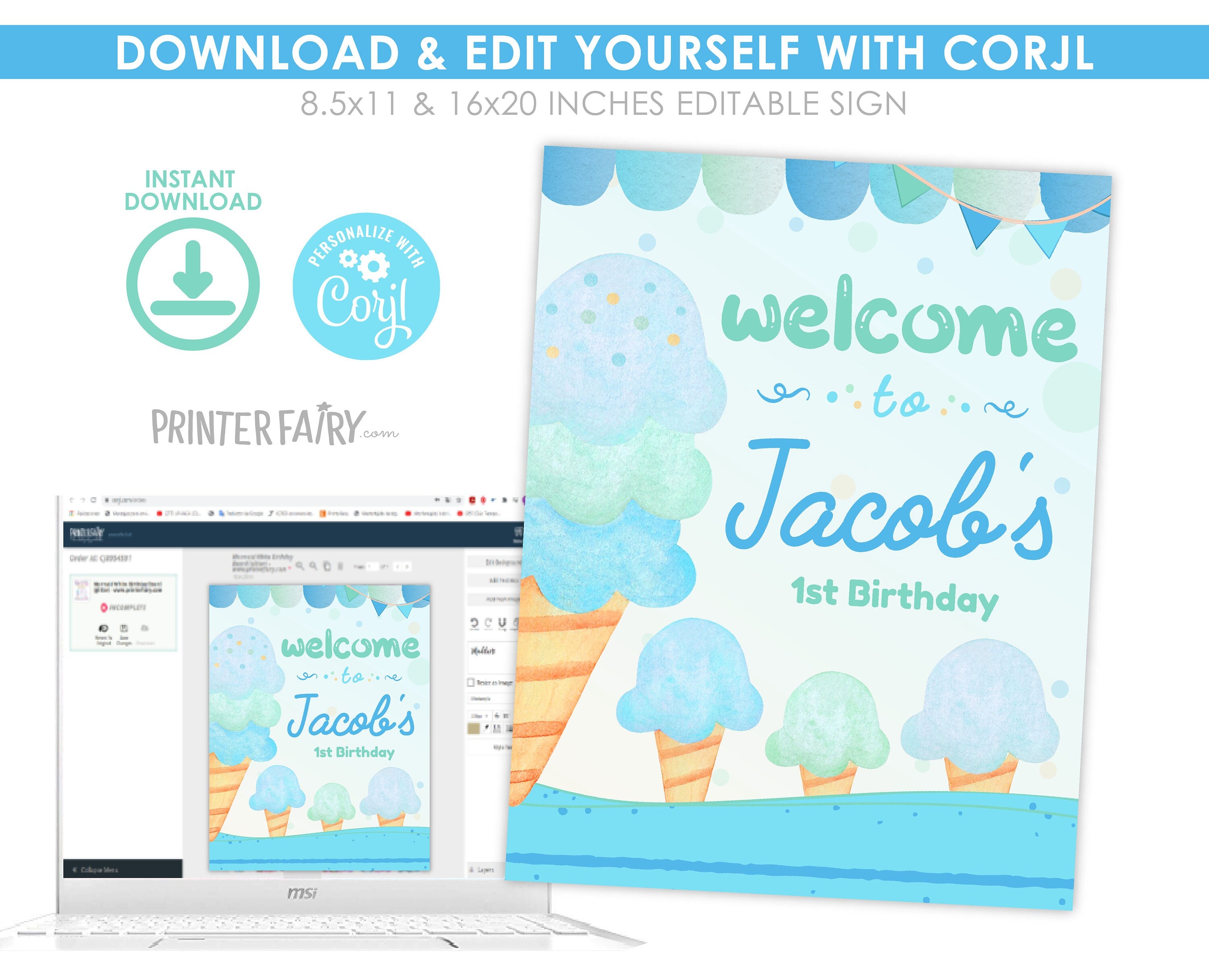 Ice Cream Birthday Welcome Sign, Editable Party Decoration (Digital Download)