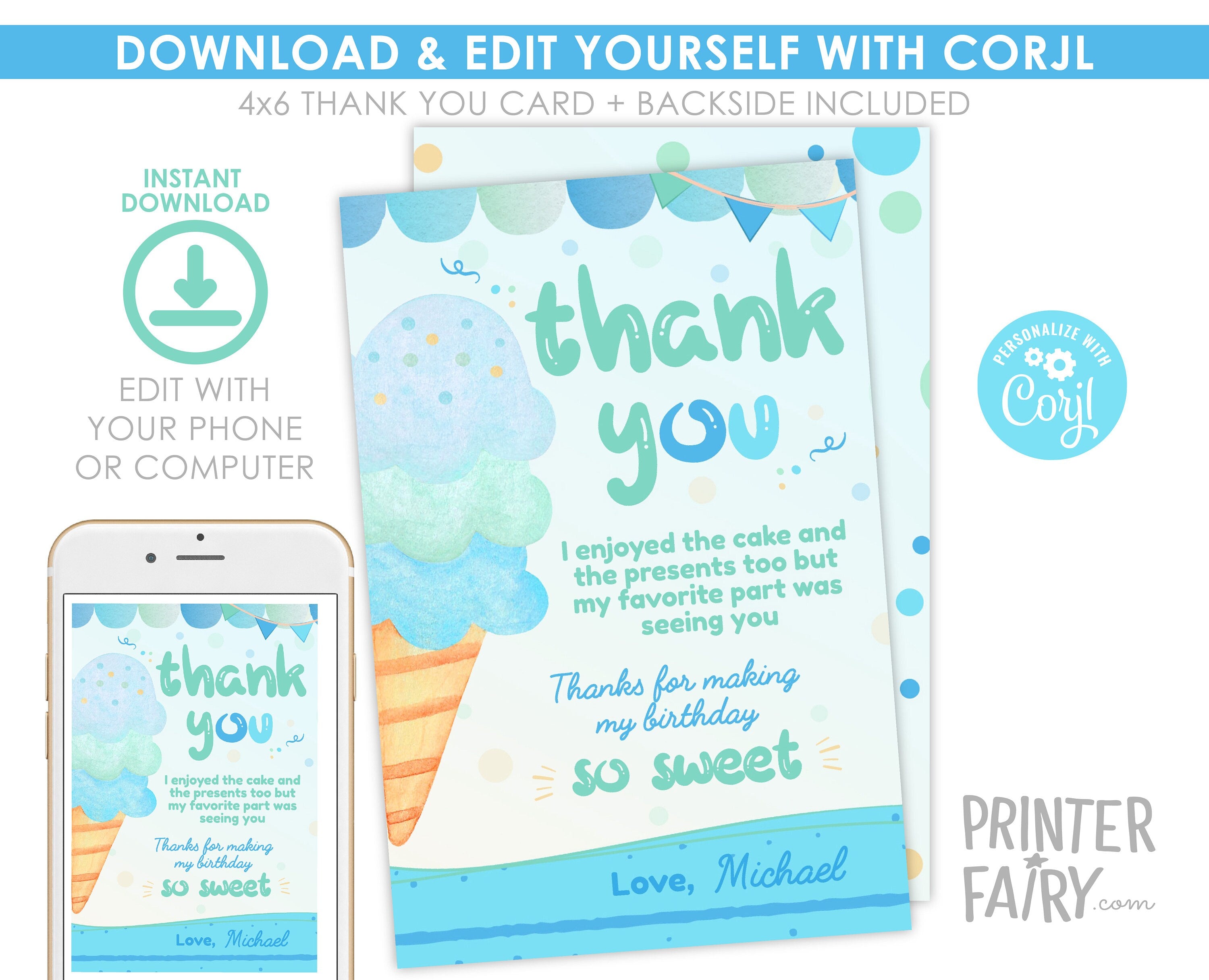 Ice Cream Birthday Thank You Card, EDITABLE (Digital Download)
