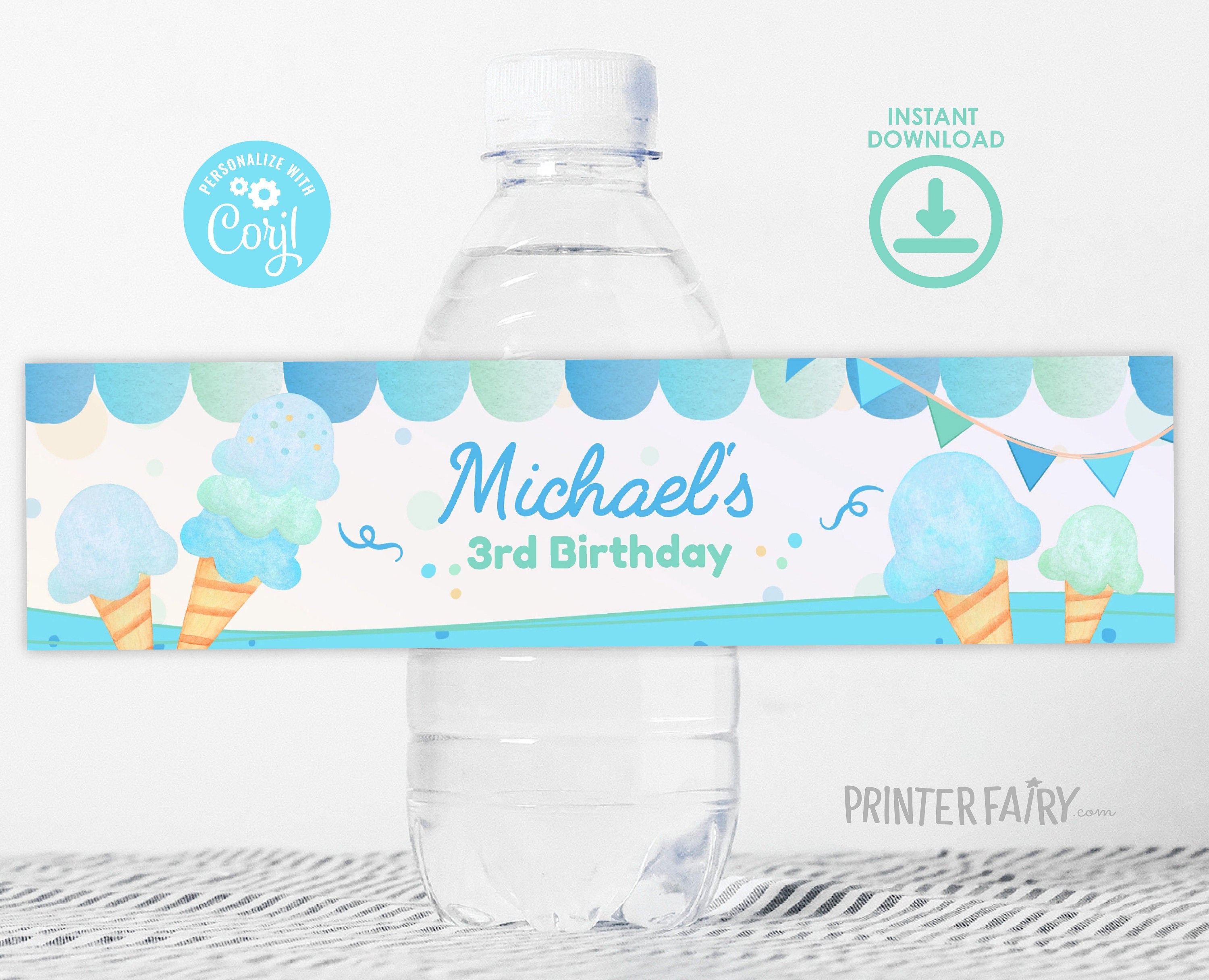 Ice Cream Birthday Water Bottle Label, Editable Party Favor (Digital)