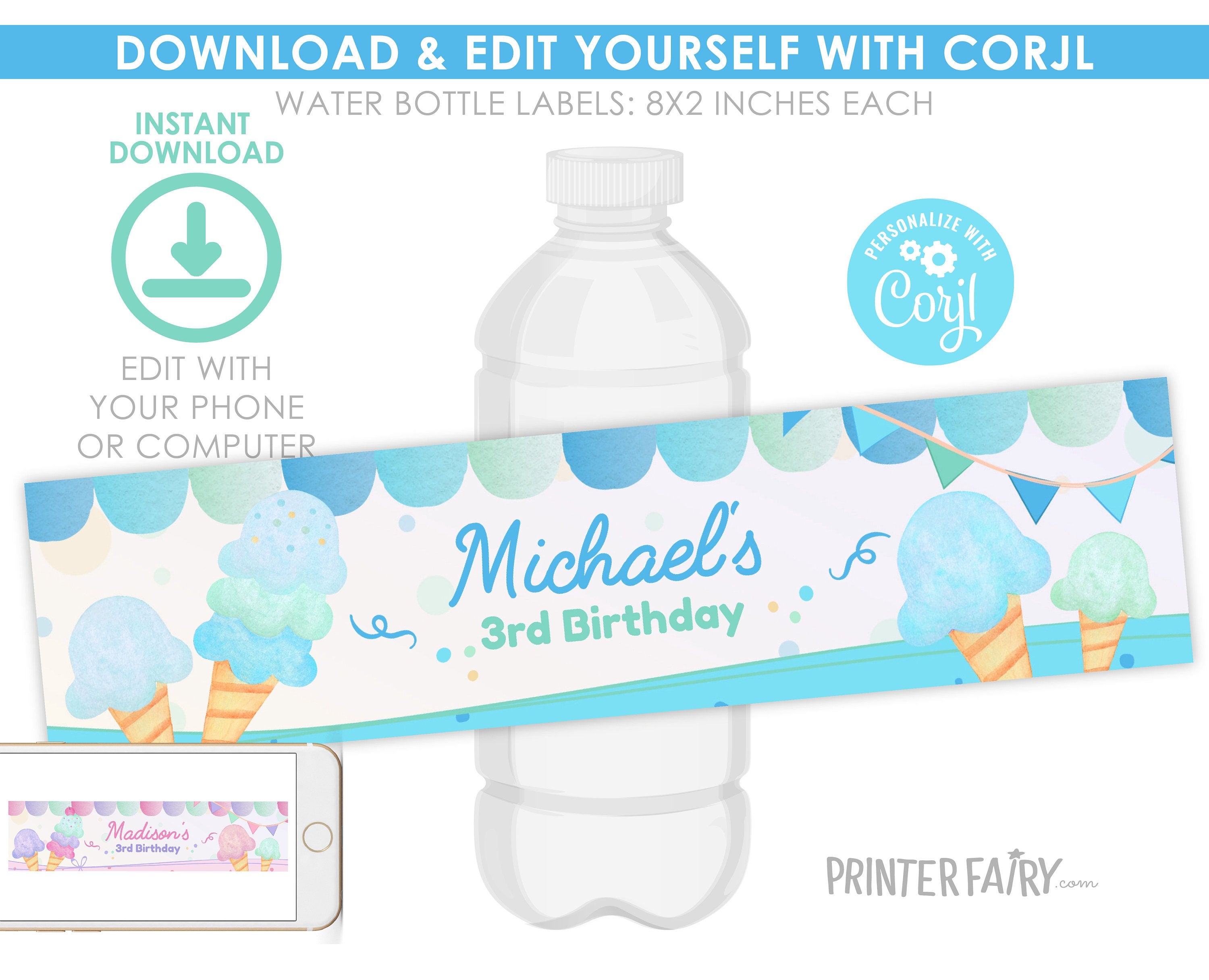 Ice Cream Birthday Water Bottle Label, Editable Party Favor (Digital)