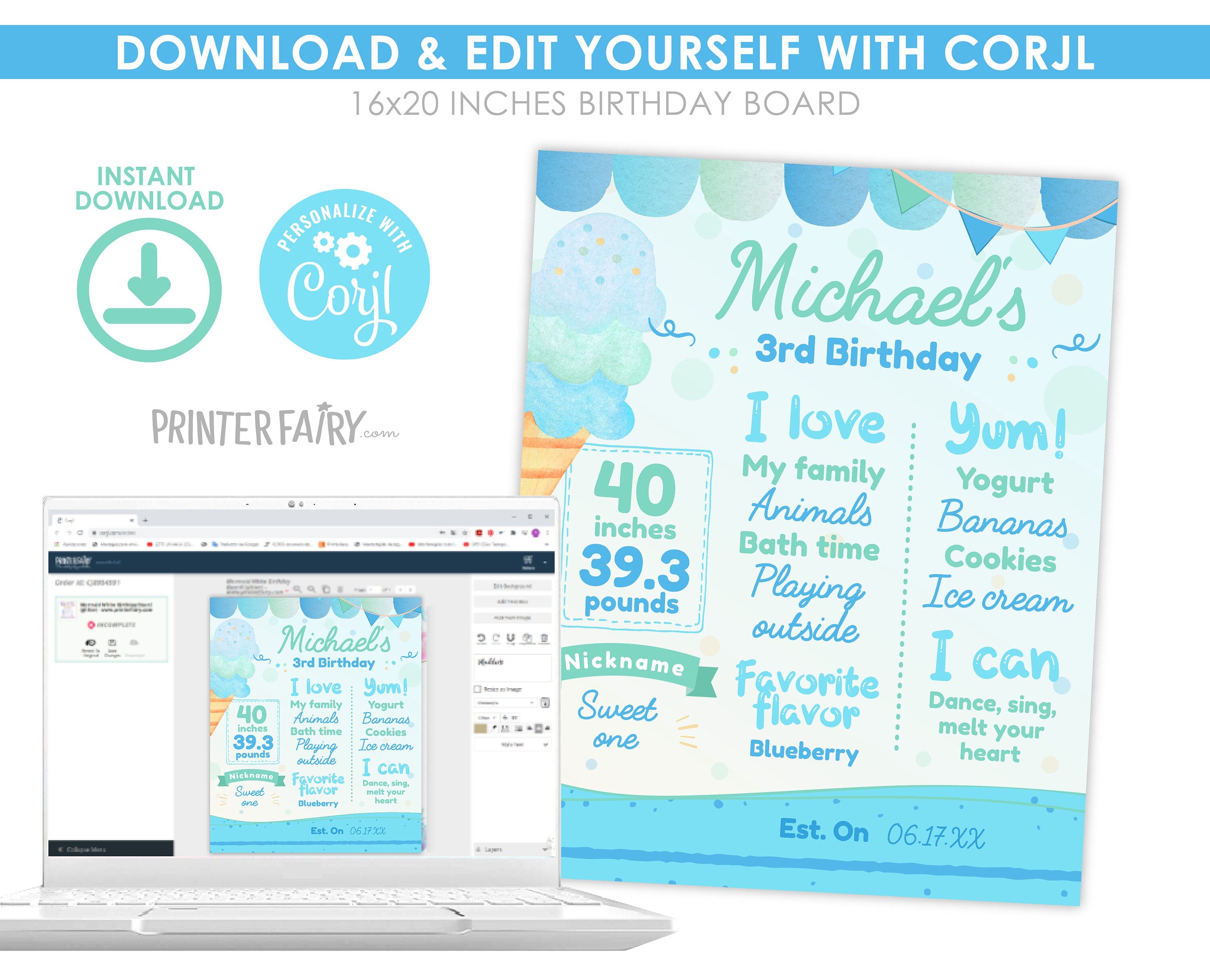 Editable Ice Cream First Birthday Board, Summer Party (Digital Item)