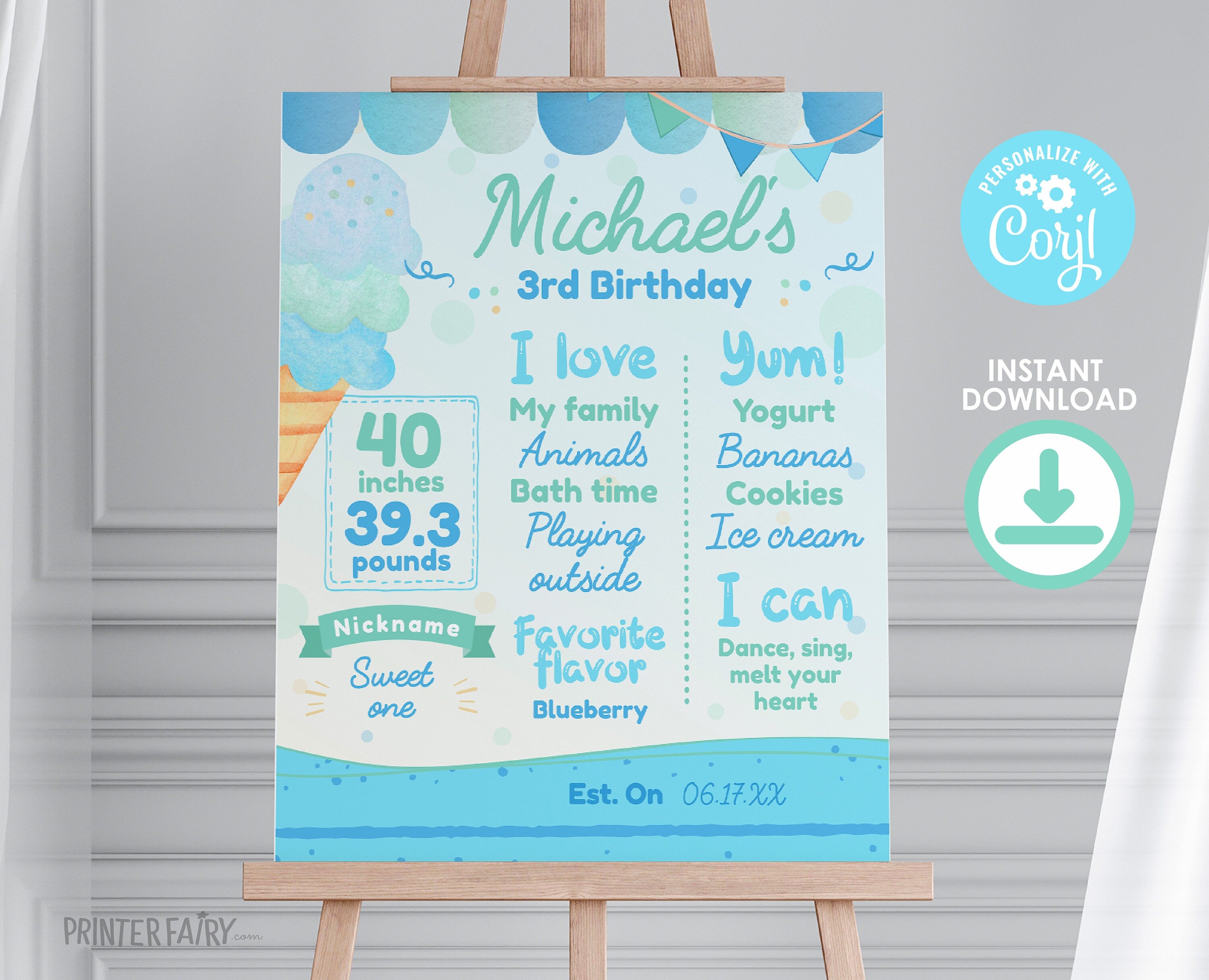Editable Ice Cream First Birthday Board, Summer Party (Digital Item)