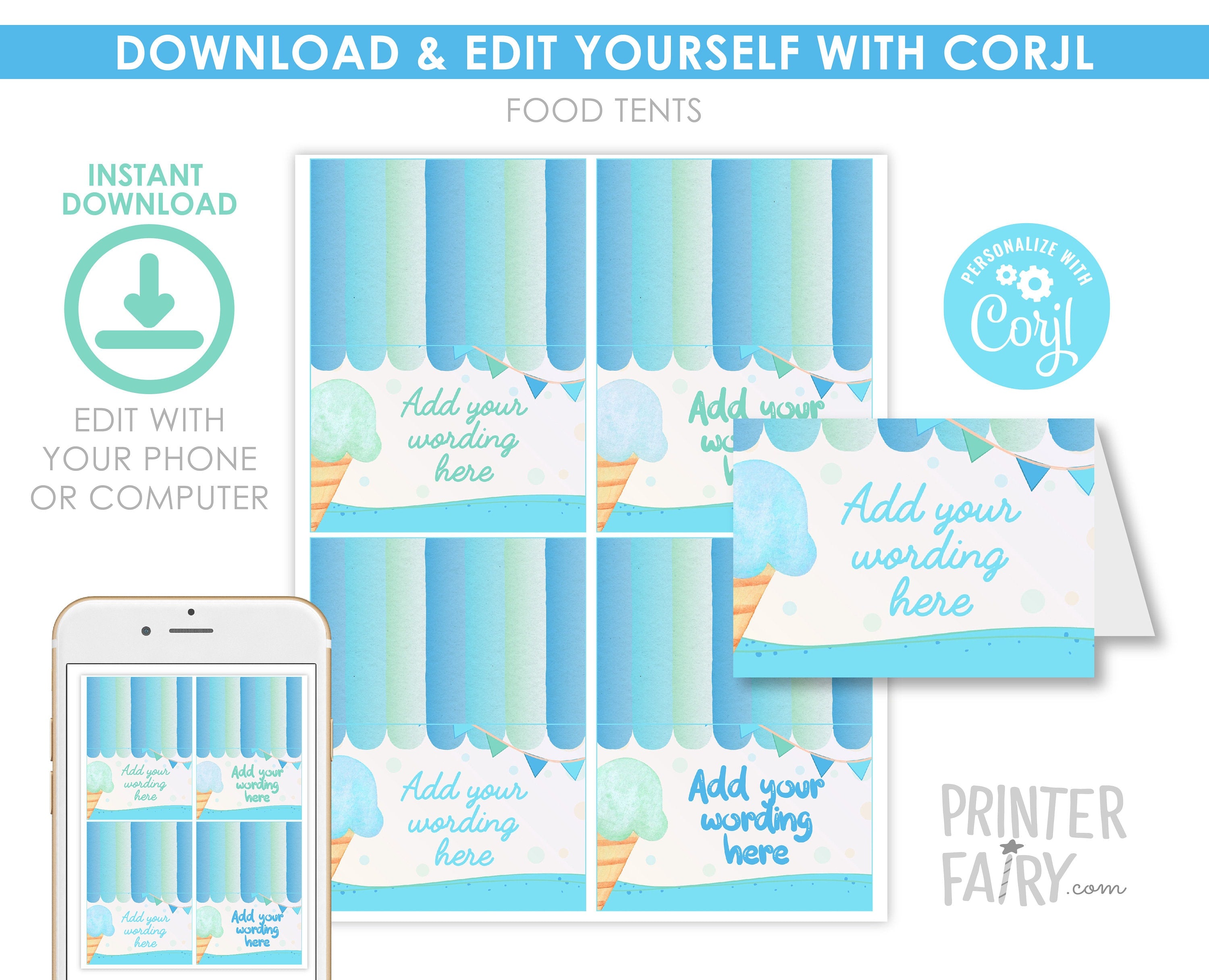 Editable Ice Cream Food Tents, Summer Birthday Decor (Digital Item)