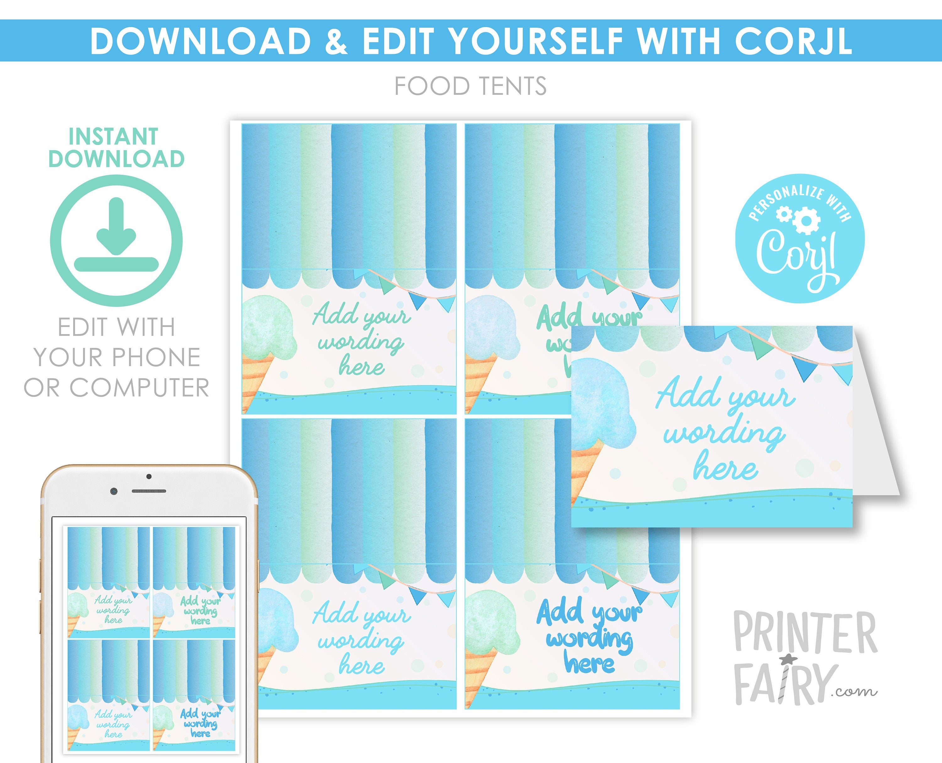 Editable Ice Cream Food Tents, Summer Birthday Decor (Digital Item)