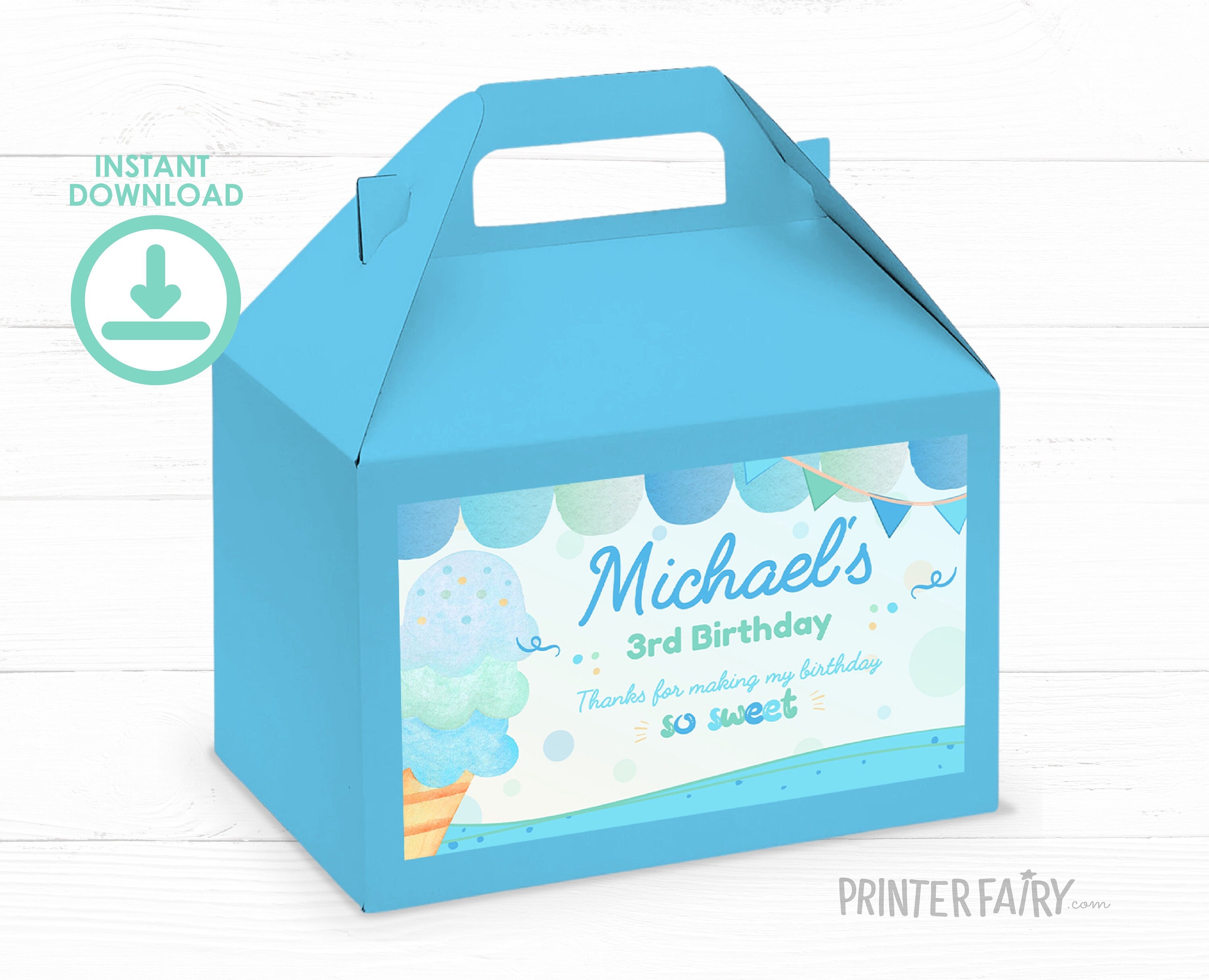 Editable Ice Cream Party Gable Box Label, Summer Birthday (Digital)