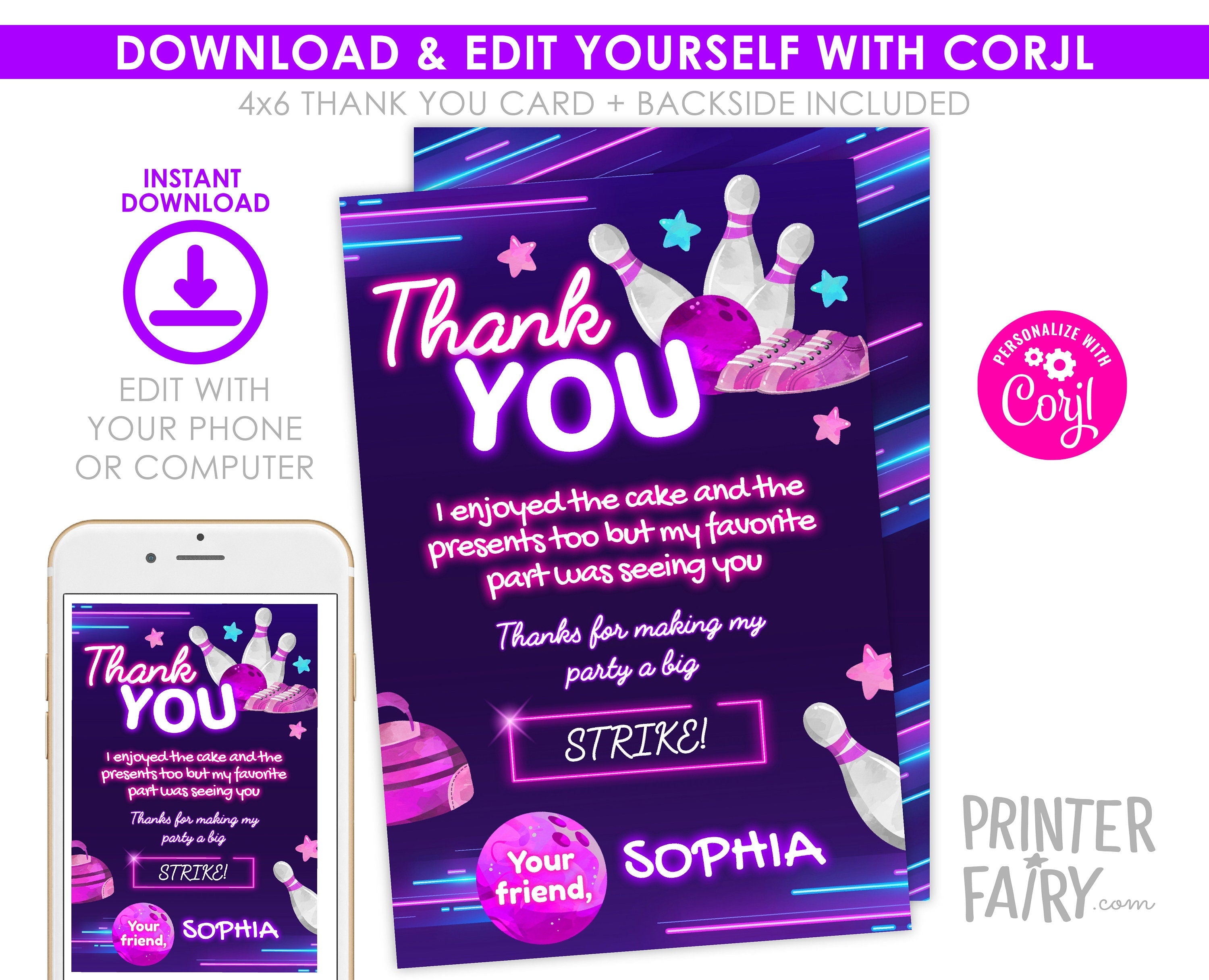 Bowling Birthday Thank You Card, Editable Printable (Instant Download)