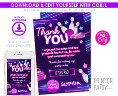 Bowling Birthday Thank You Card, Editable Printable (Instant Download)