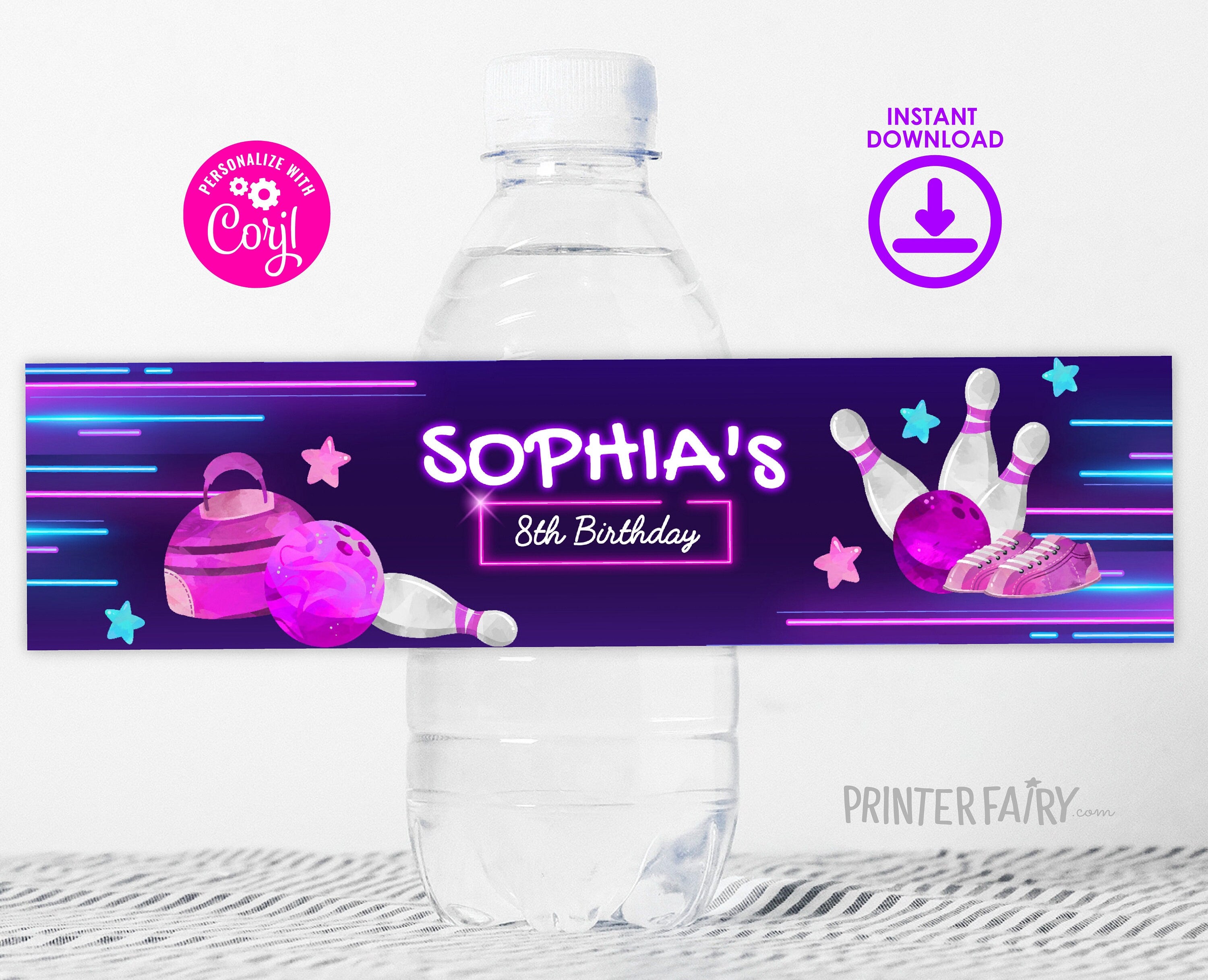 Bowling Birthday Party Water Bottle Label, Editable Printable (Instant Download)