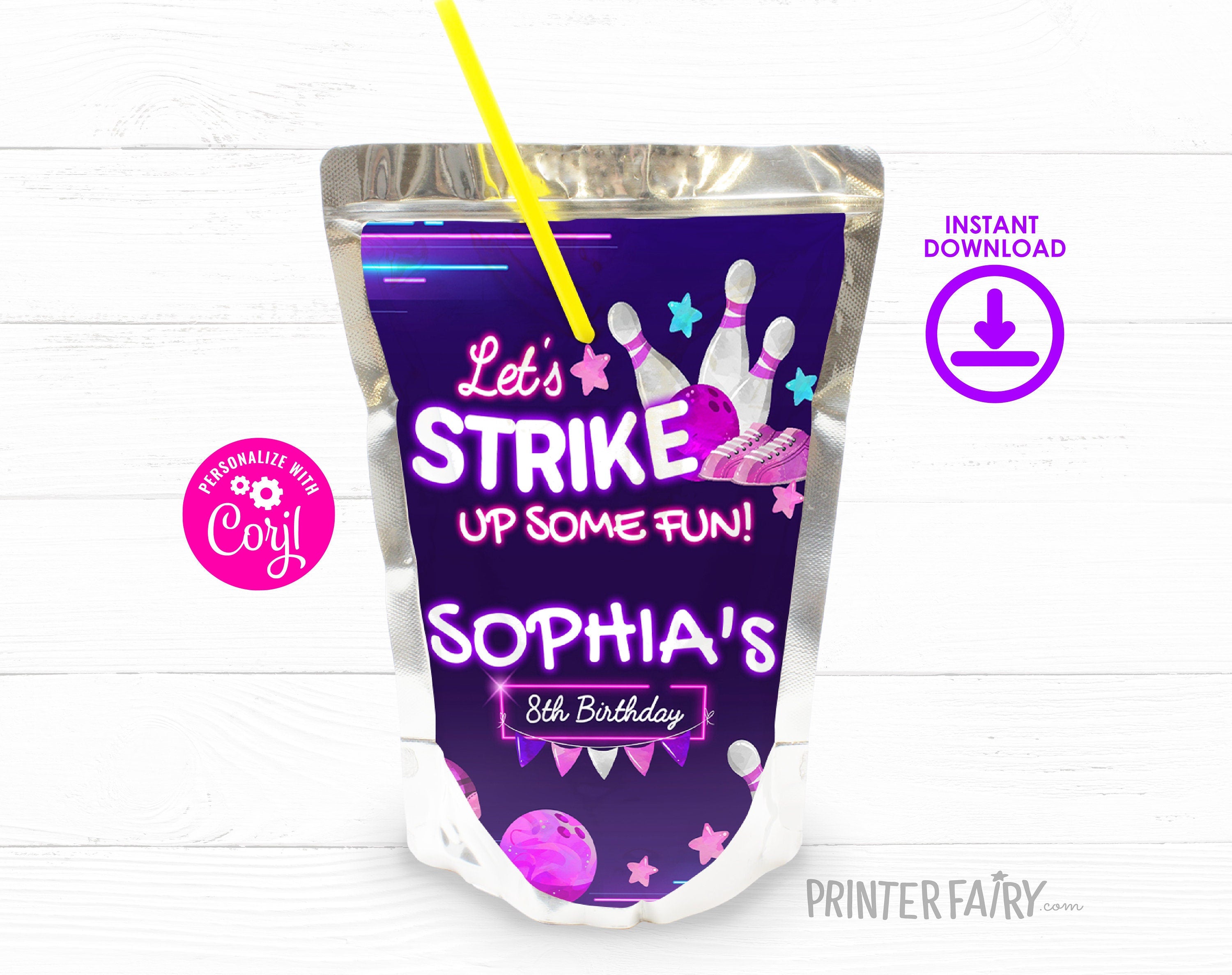 Bowling Birthday Party Drink Pouch Label, Editable (Digital Download)