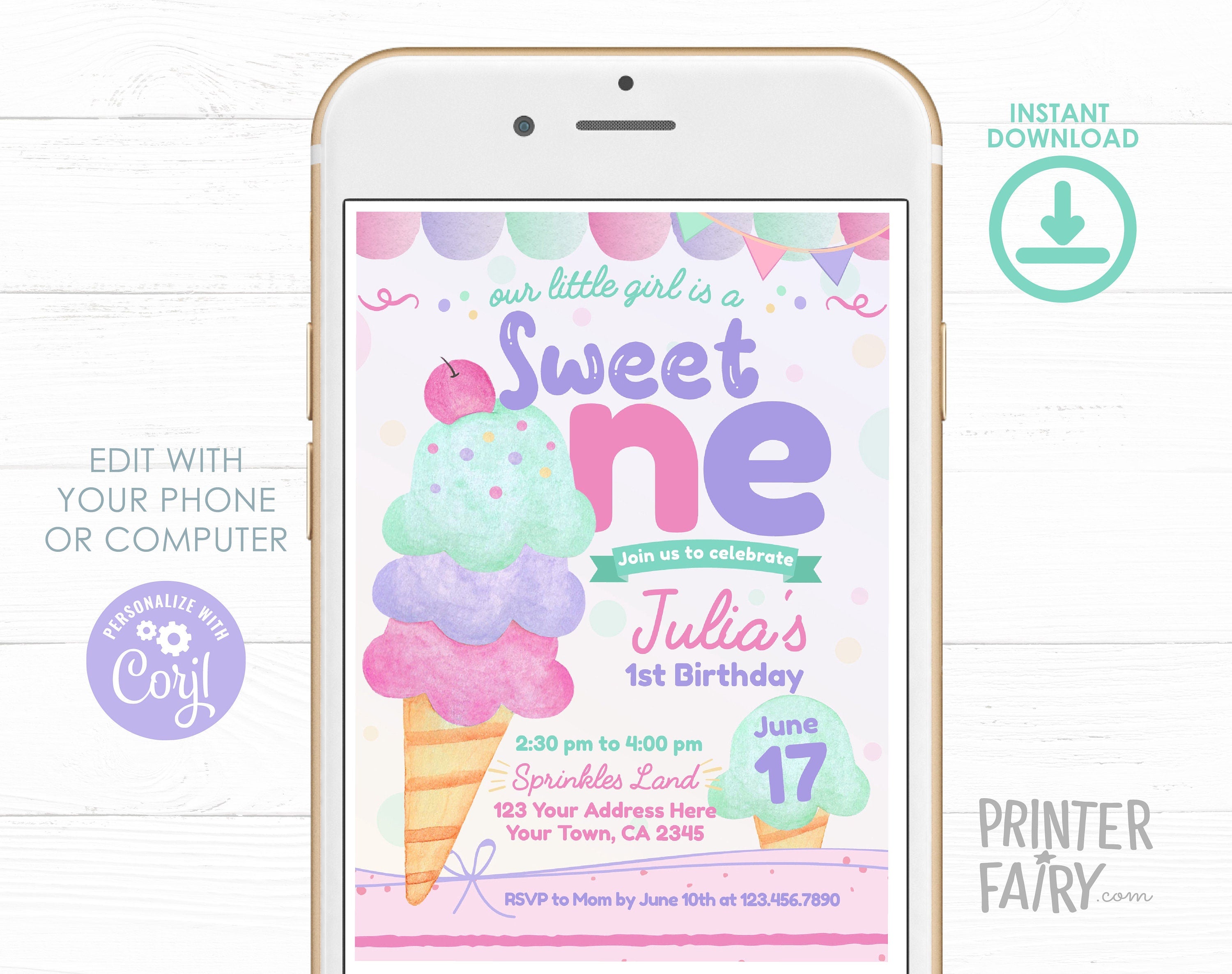 Ice Cream 1st Birthday Invitation, Editable Template (Digital Download)