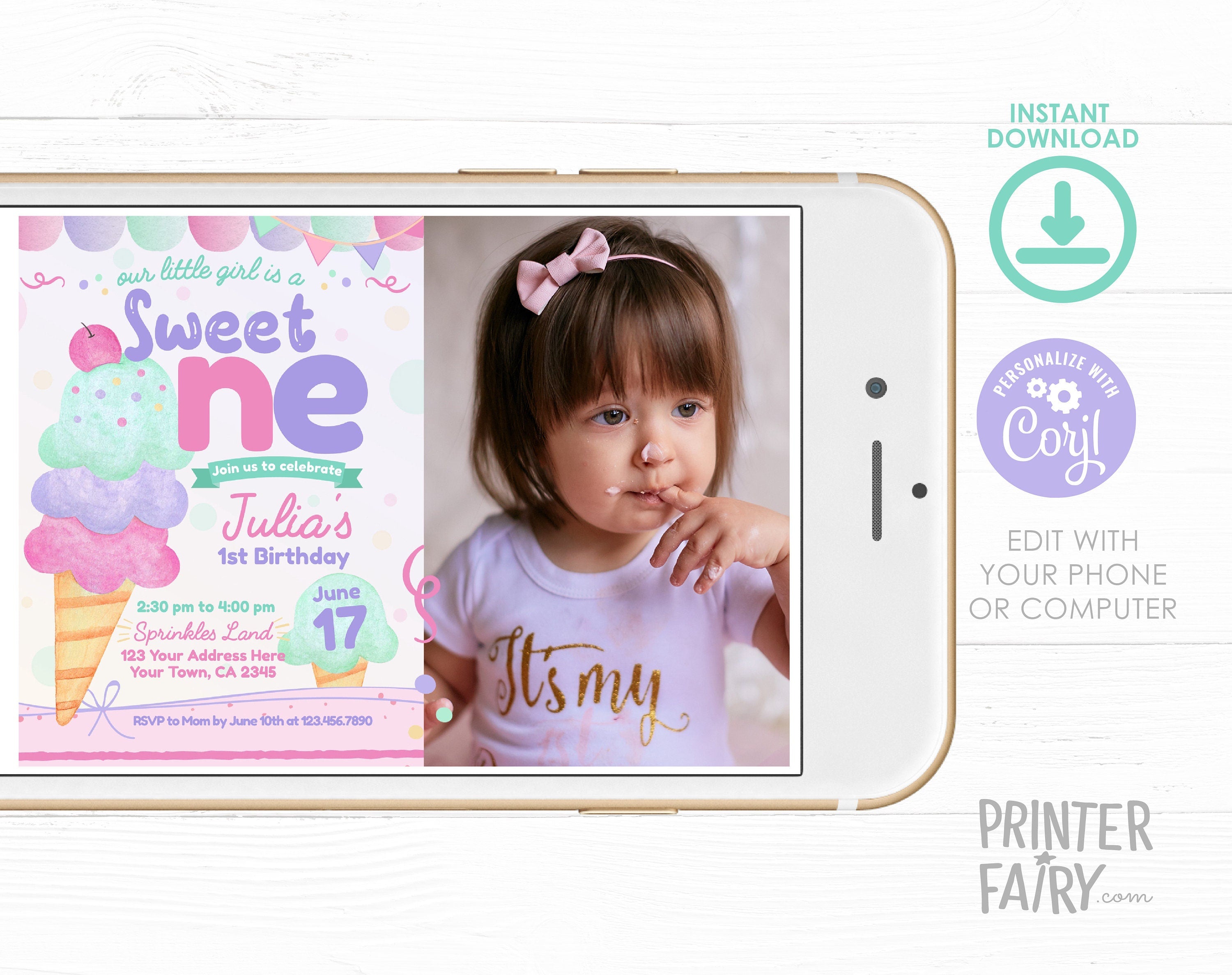 Ice Cream First Birthday Invitation Template with Photo (Digital Download)