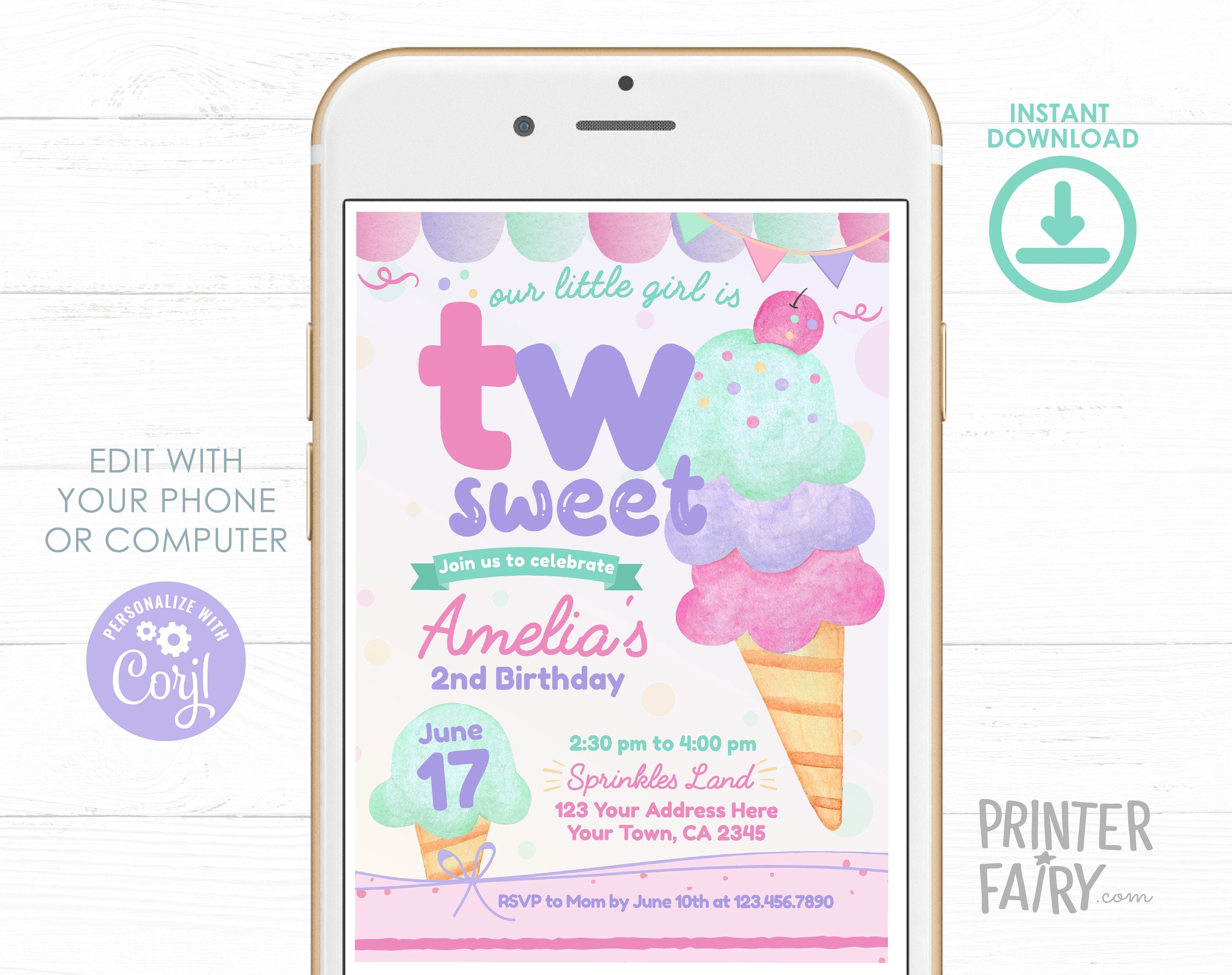 Ice Cream 2nd Birthday Inviation Editable Template, TWO Sweet Birthday Party Invite, Instant Download