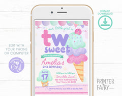 Ice Cream 2nd Birthday Inviation Editable Template, TWO Sweet Birthday Party Invite, Instant Download