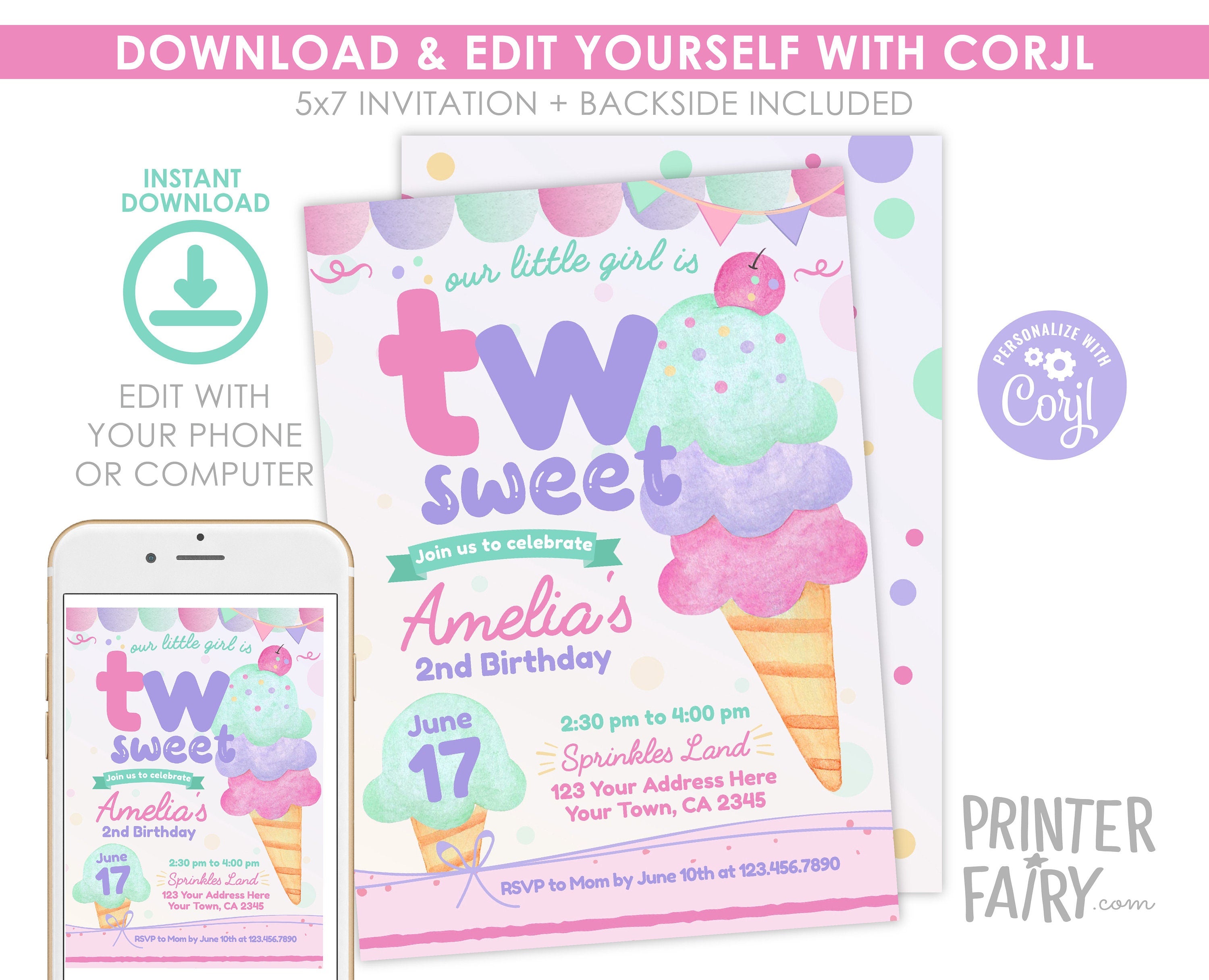 Ice Cream 2nd Birthday Inviation Editable Template, TWO Sweet Birthday Party Invite, Instant Download