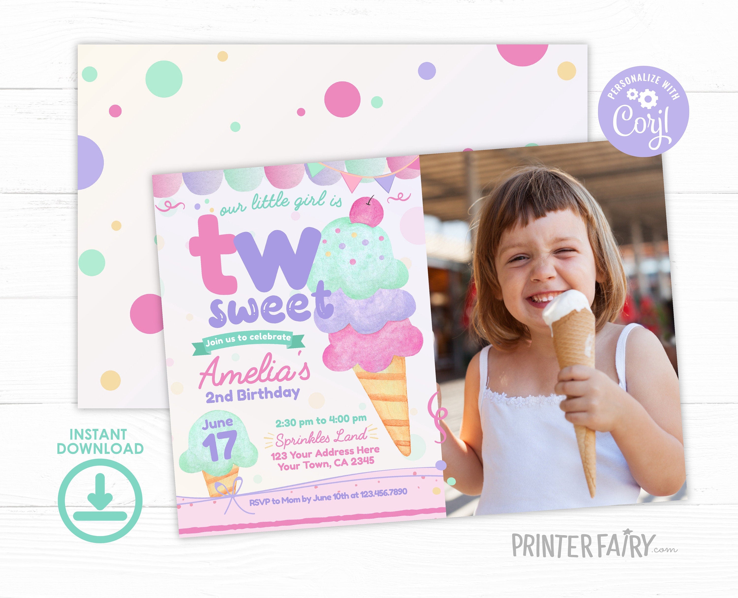 Ice Cream Second Birthday Invitation, Photo Editable Template (Digital Download)