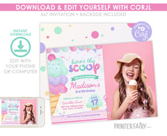 Ice Cream Birthday Invitation, Photo Editable Template (Instant Download)