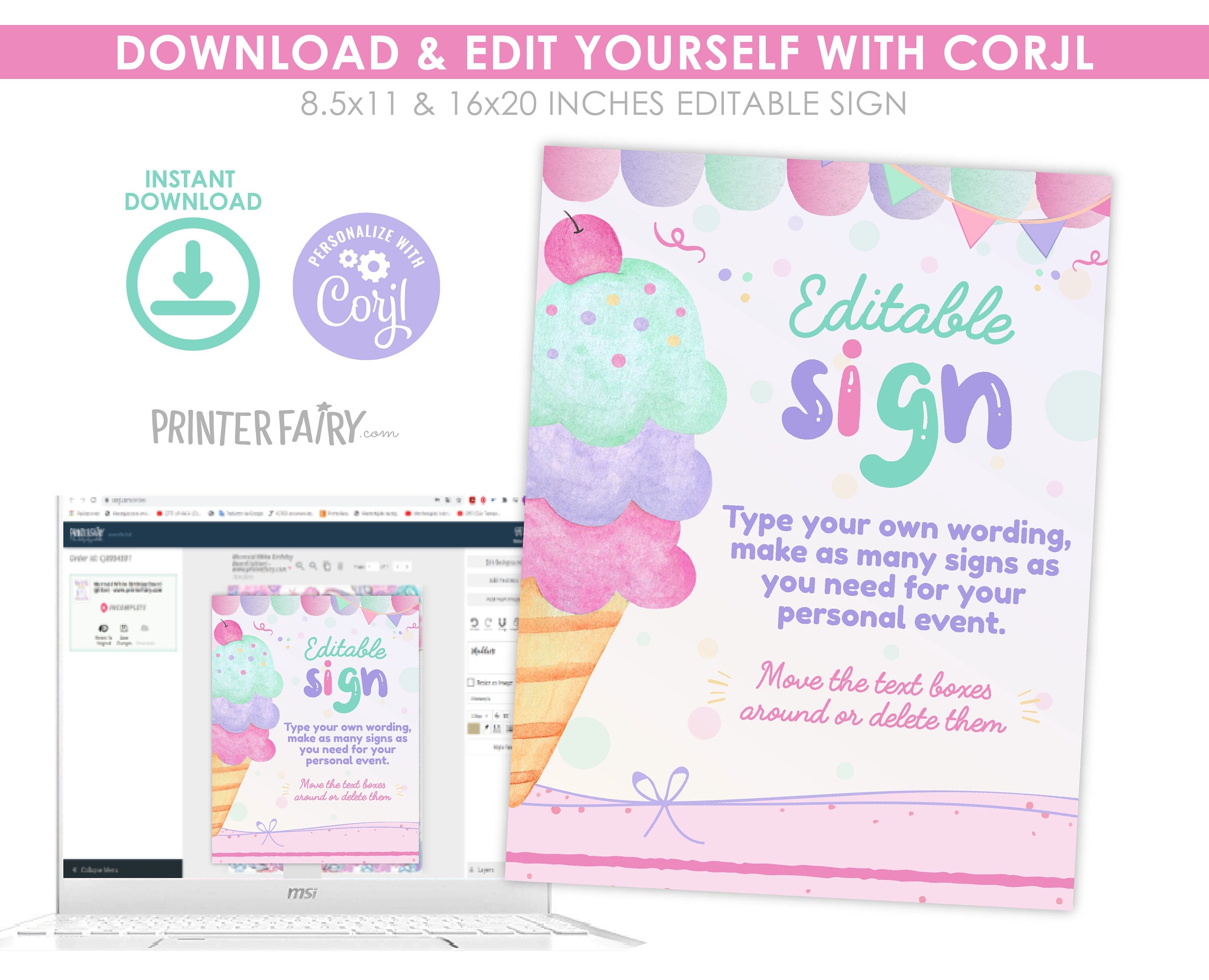 Ice Cream Birthday Editable Sign, 2 sizes included, EDITABLE, Instant Download