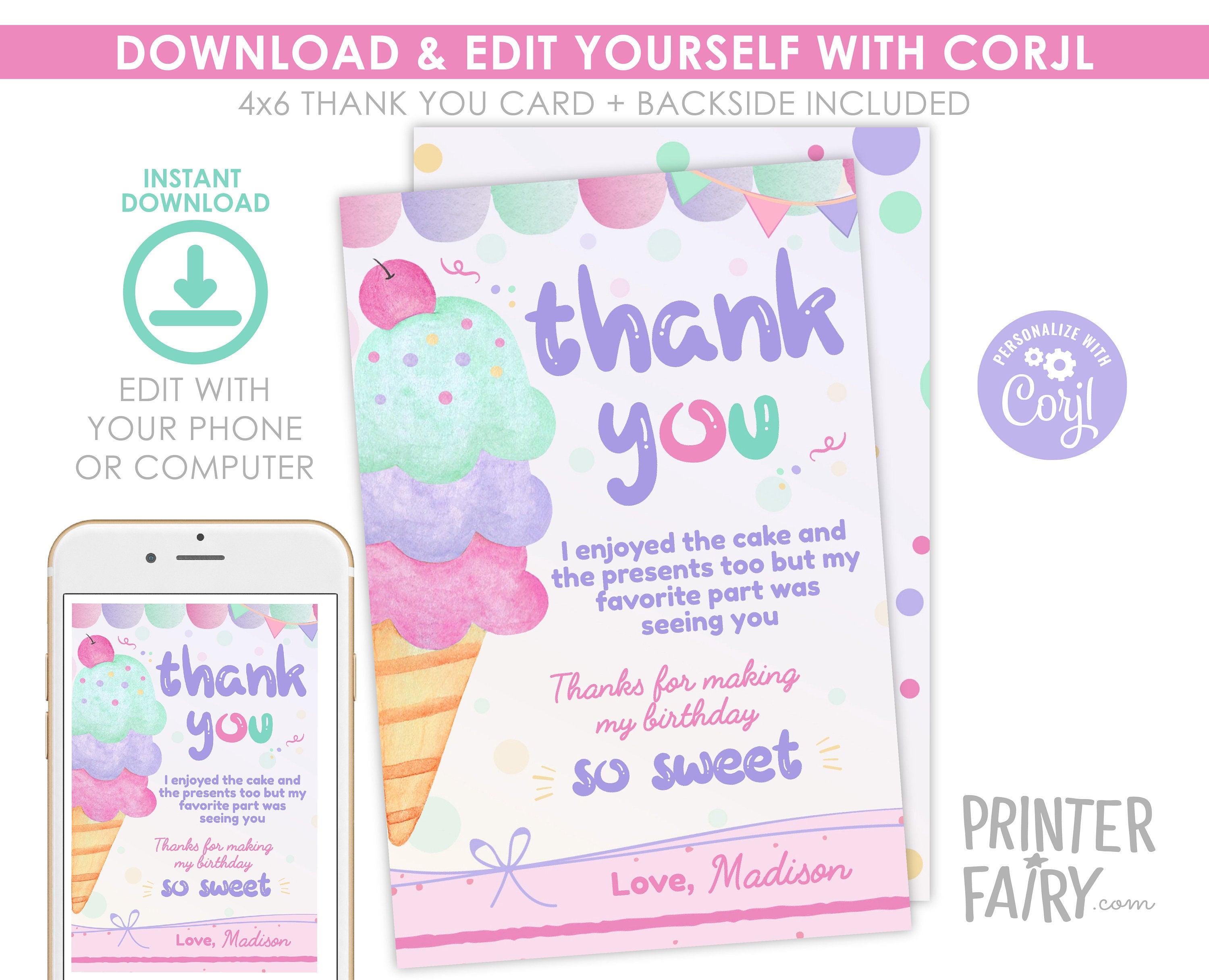 Ice Cream Thank You Card Editable Template (Instant Download)