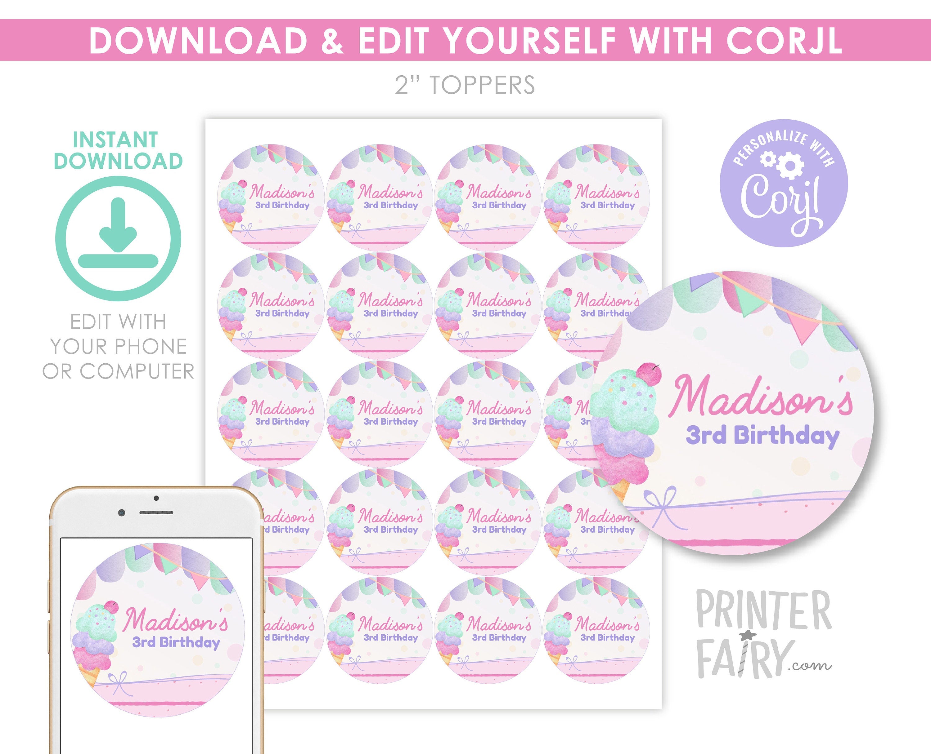 Editable Ice Cream Birthday Party Toppers, Round Labels (Digital Download)
