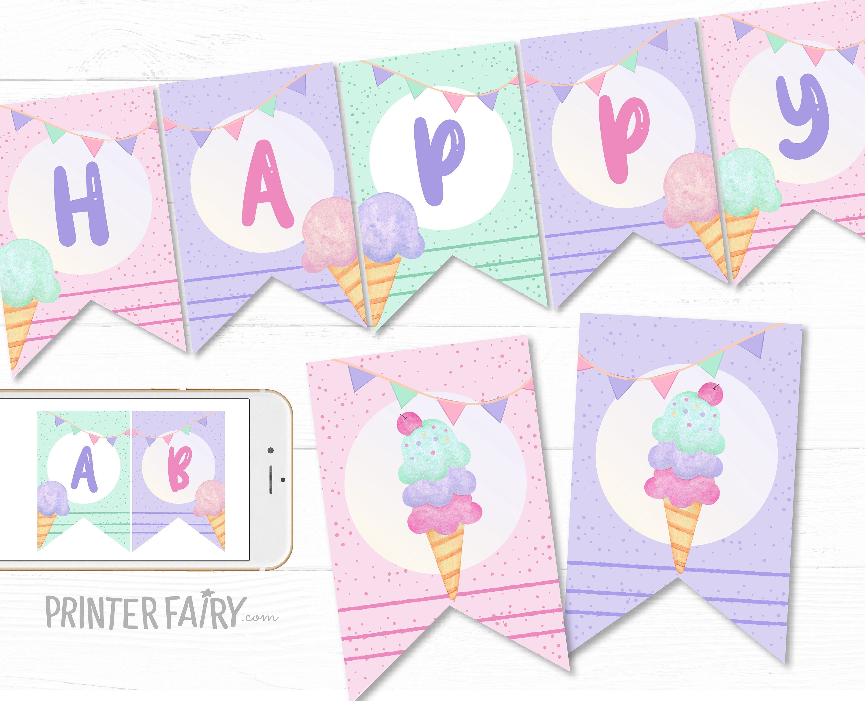 Ice Cream Birthday Banner, EDITABLE, Add your own wording, Instant Download
