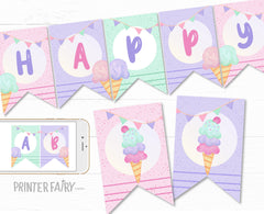 Ice Cream Birthday Banner, EDITABLE, Add your own wording, Instant Download