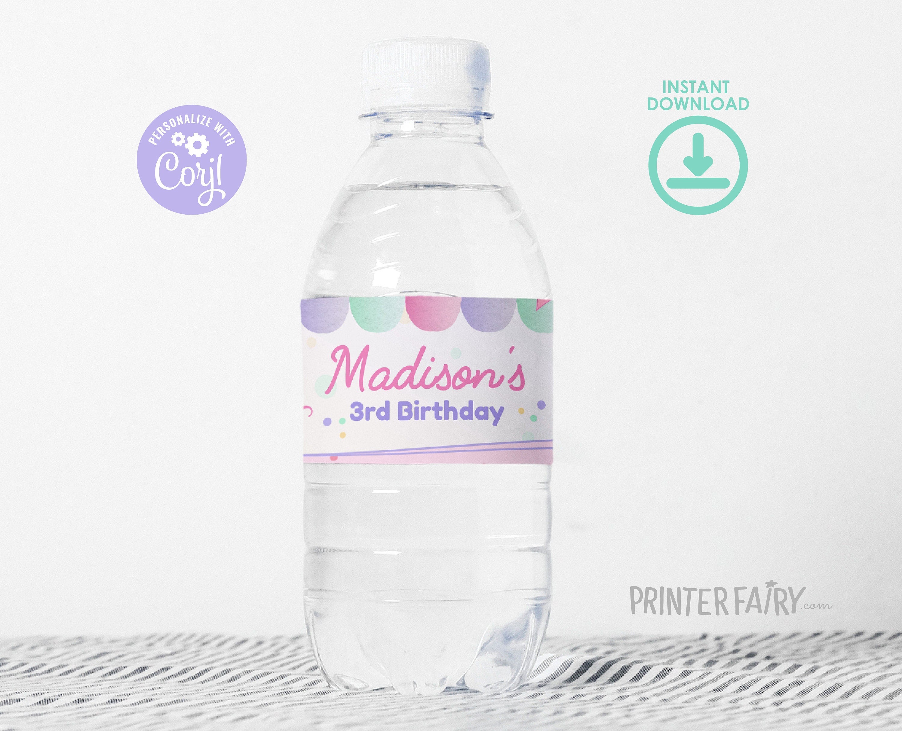 Editable Ice Cream Birthday Water Bottle Label (Digital Download)