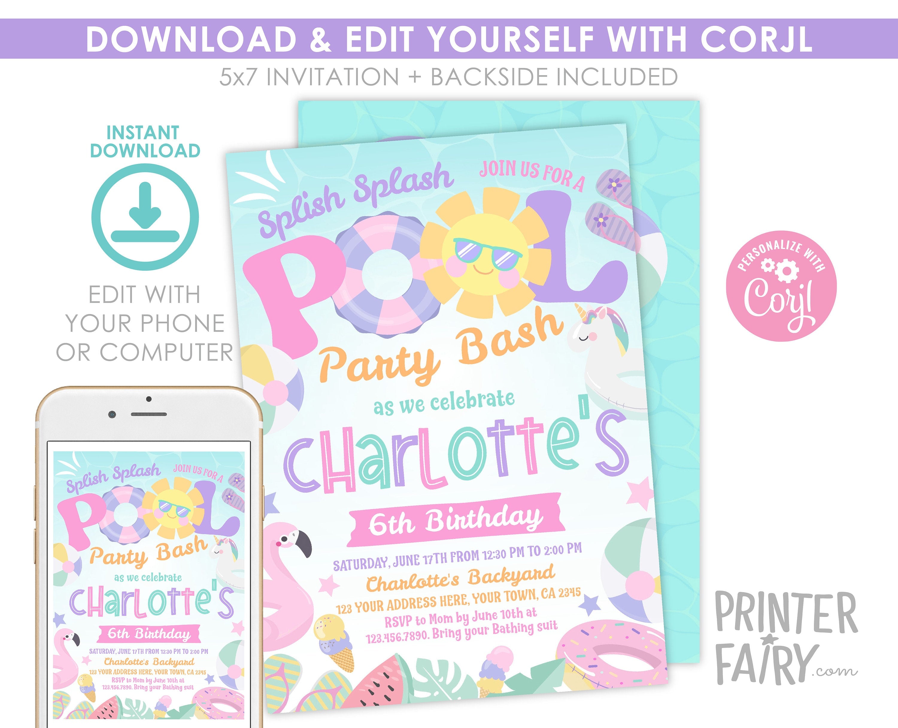 Pool Party Invitation, Editable Summer Birthday Bash (Digital Download)
