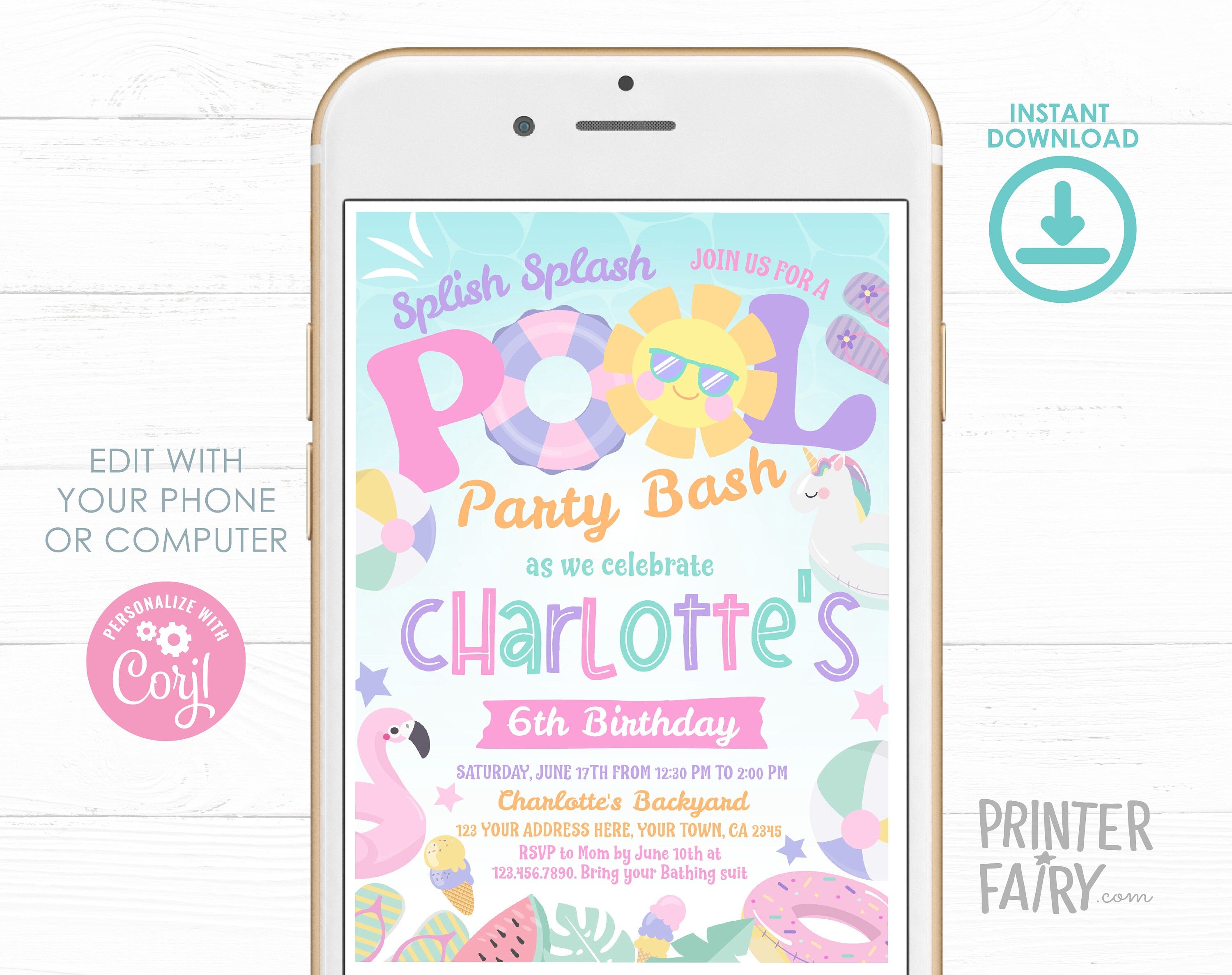 Pool Party Invitation, Editable Summer Birthday Bash (Digital Download)