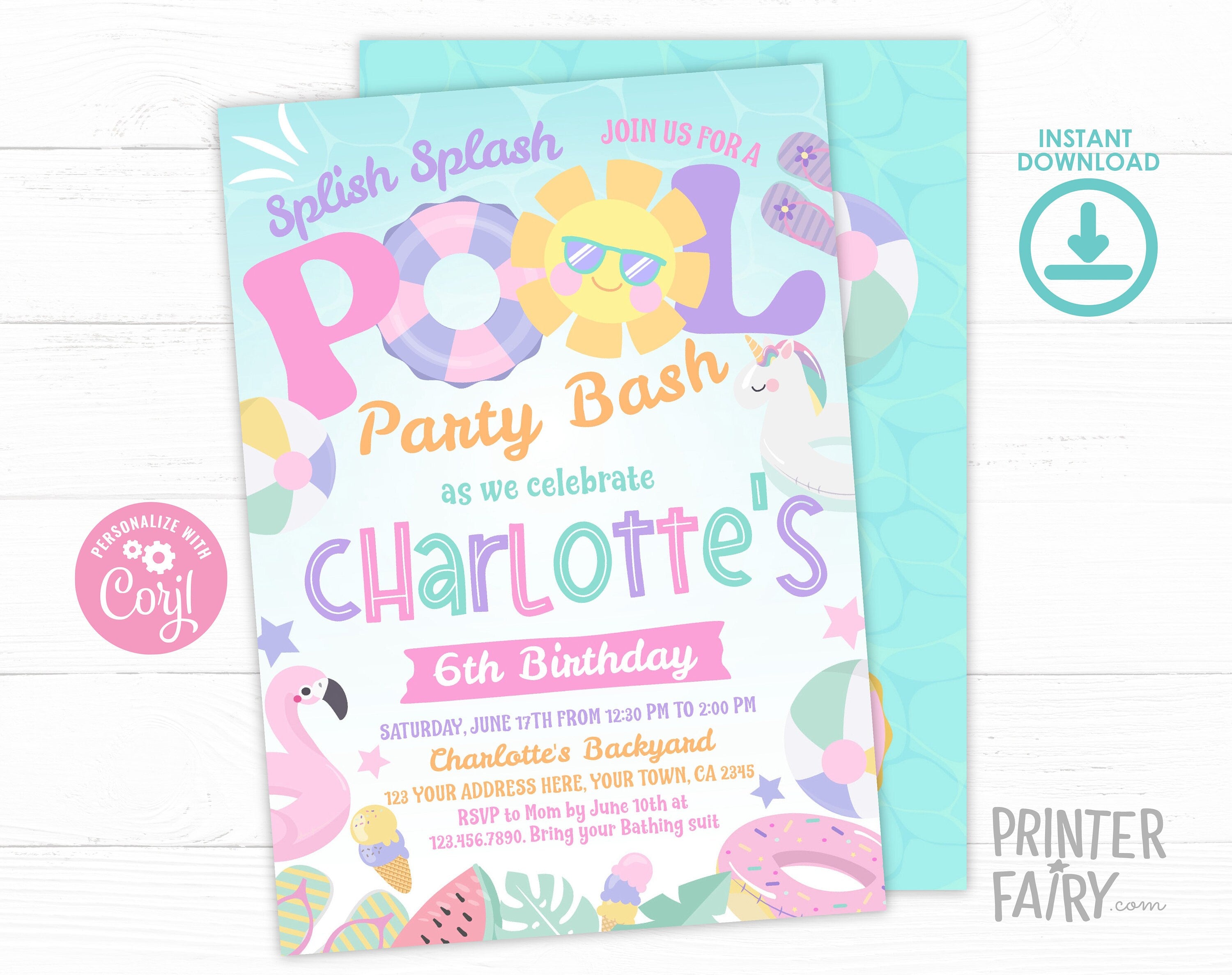 Pool Party Invitation, Editable Summer Birthday Bash (Digital Download)