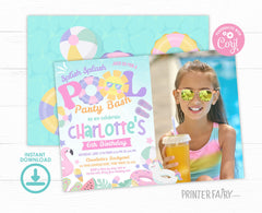 Pool Birthday Party Invitation with Photo Editable Template INSTANT DOWNLOAD