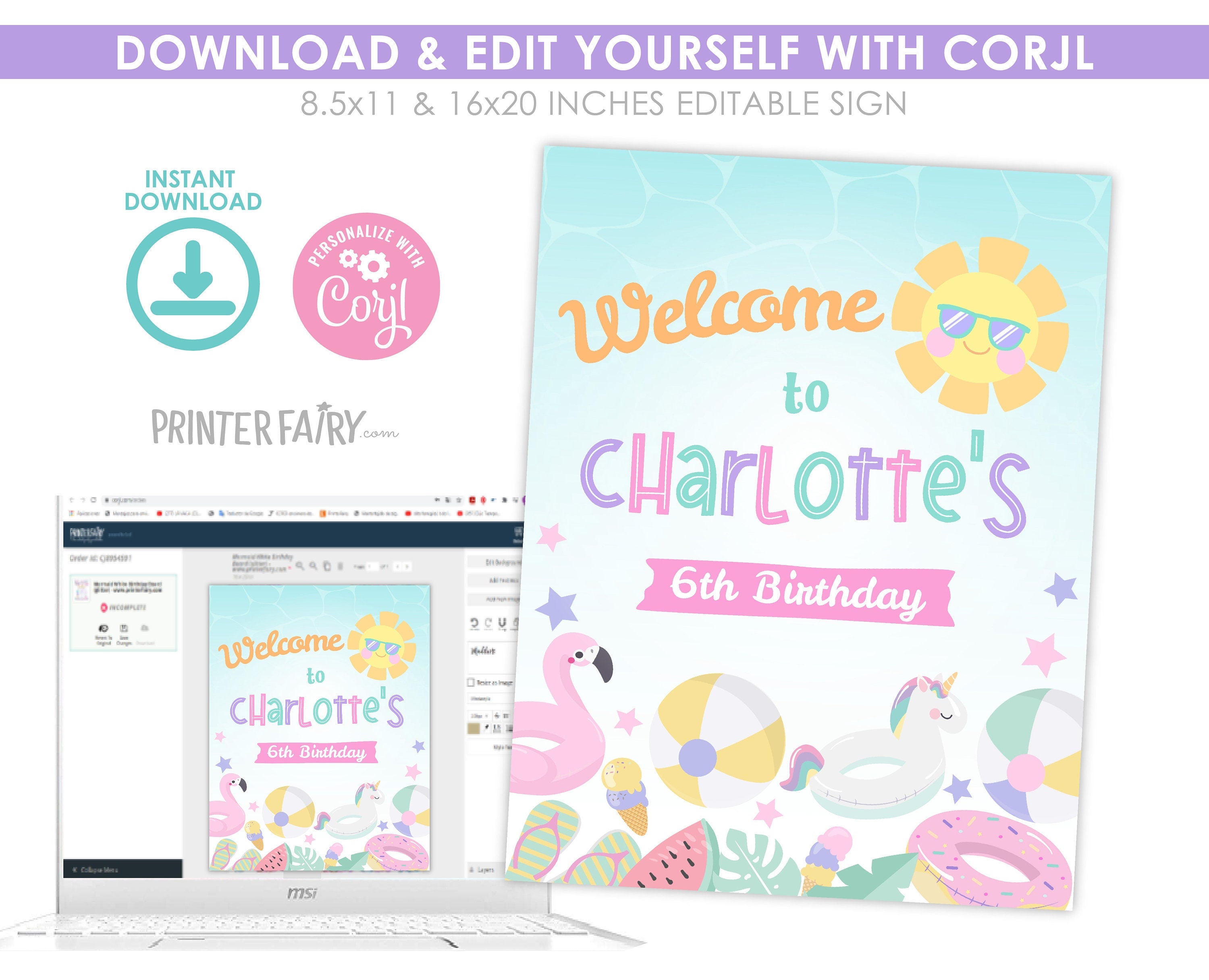 Pool Party Welcome Sign EDITABLE Template Summer Party Printables, INSTANT DOWNLOAD