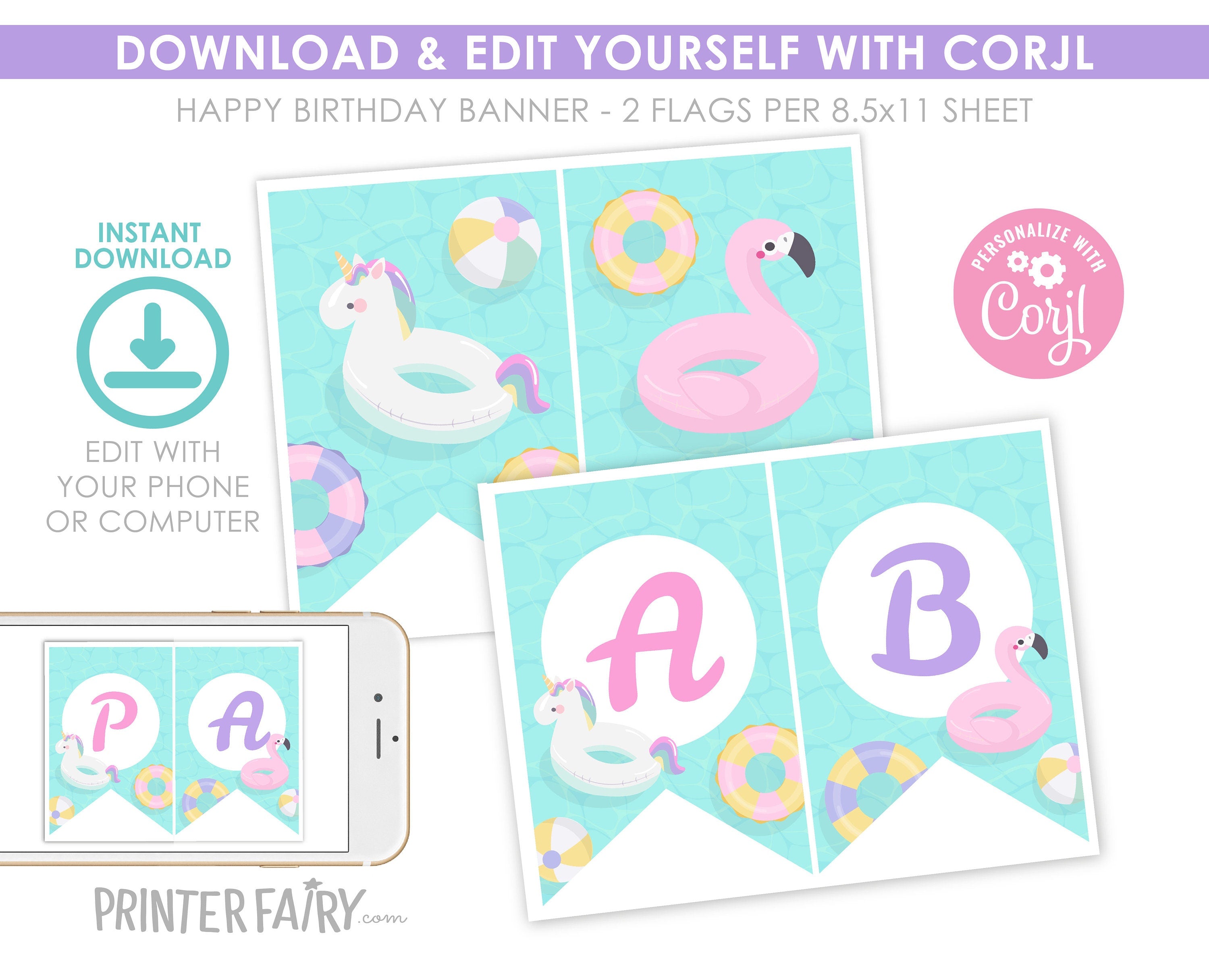 Pool Birthday Party Banner, Editable Flamingo Unicorn Theme (Digital Item)