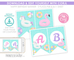 Pool Birthday Party Banner, Editable Flamingo Unicorn Theme (Digital Item)