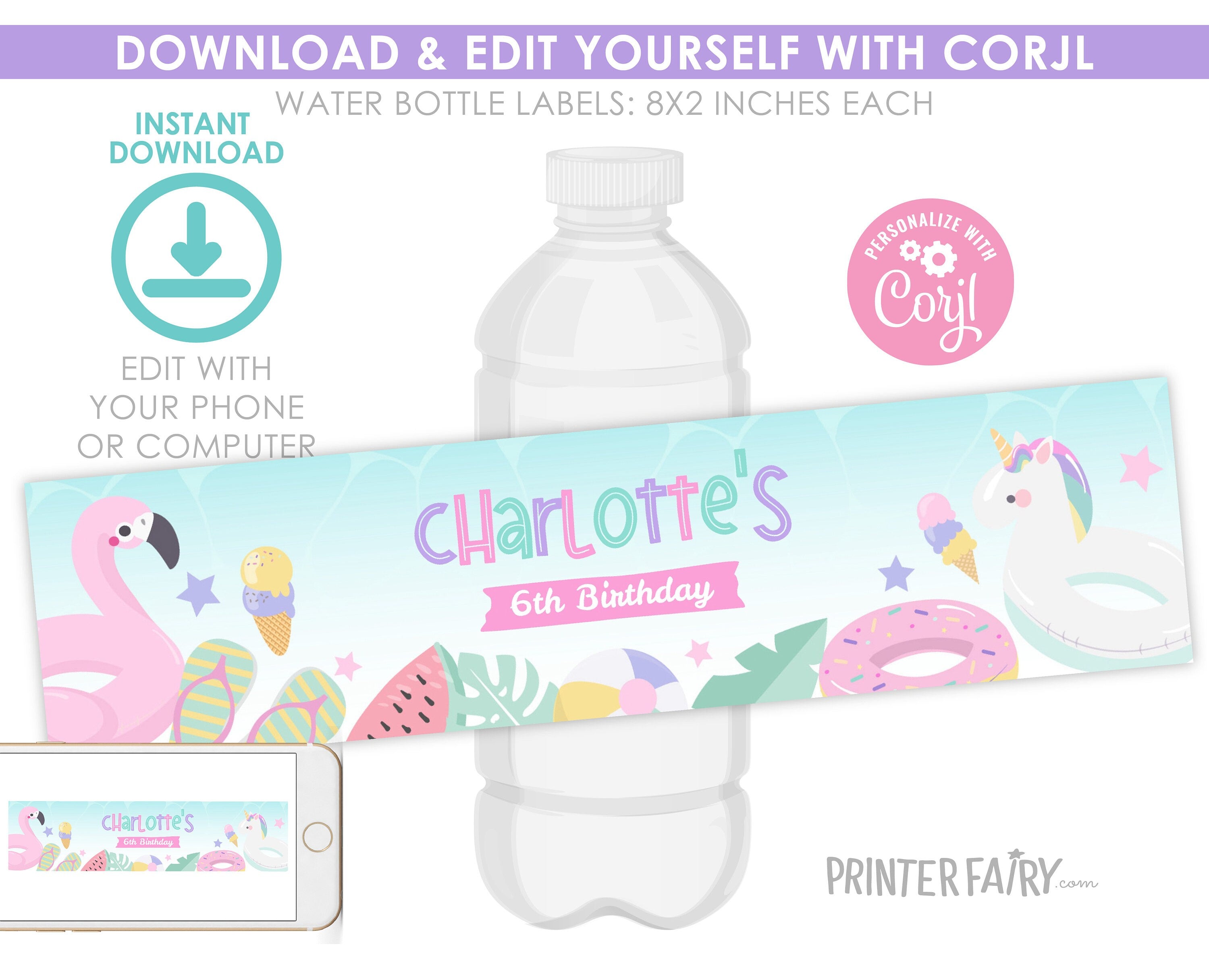 Pool Birthday Water Bottle Label, Editable Splish Splash Party Decor (Digital Download)